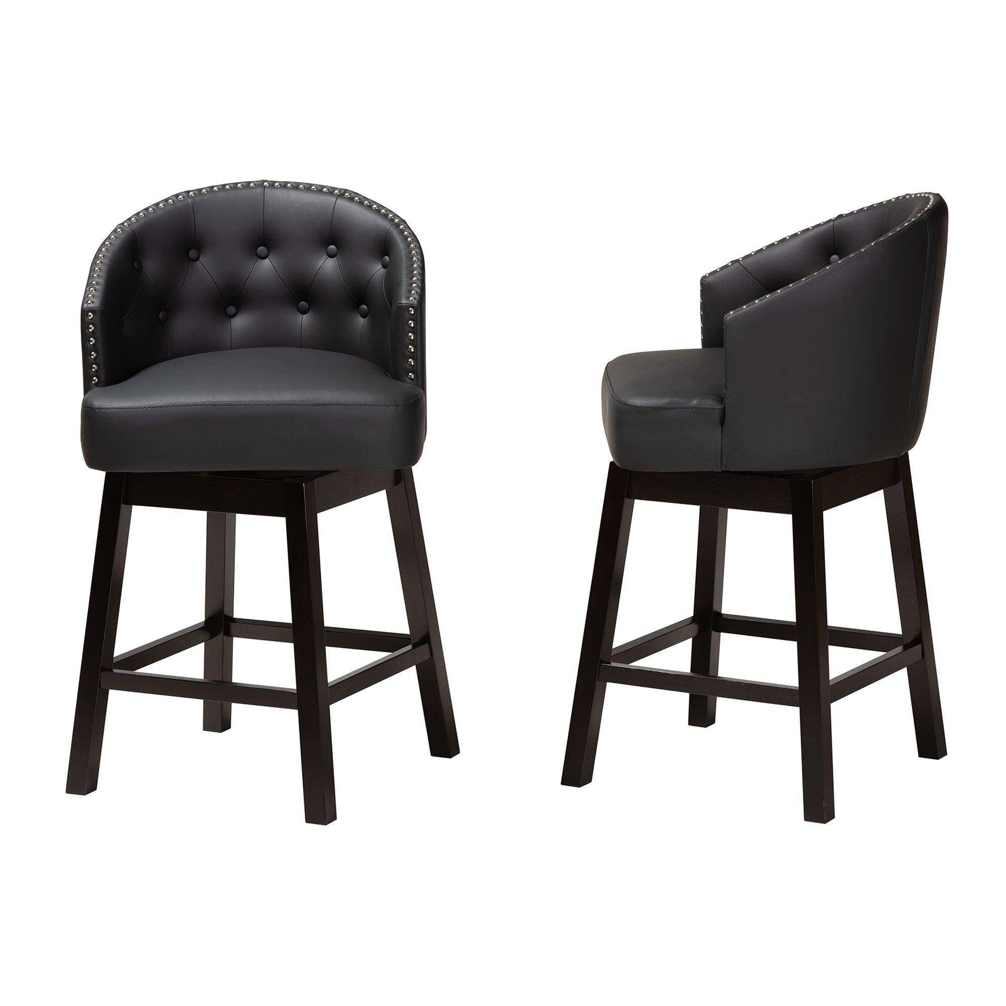 Theron Mid-Century Transitional Faux Leather and Espresso Finished Wood 2-Piece Swivel Counter Stool Set