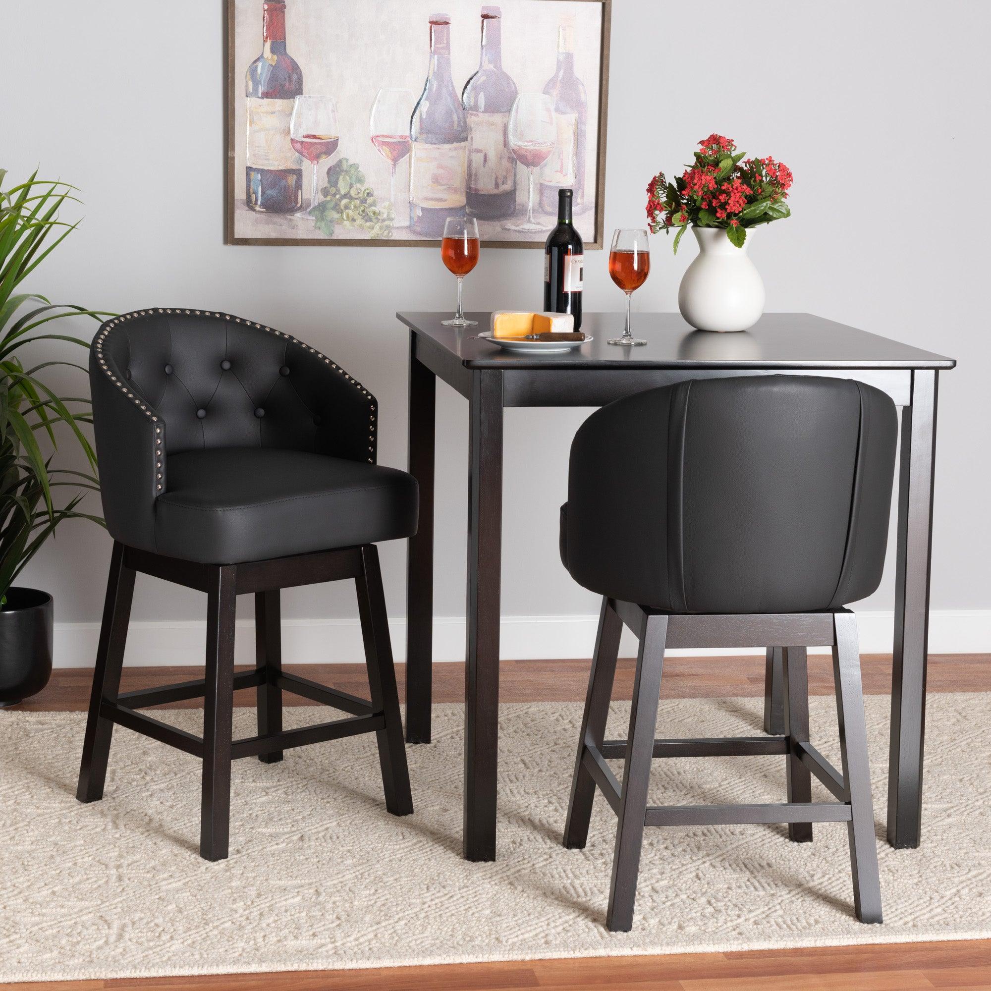 Theron Mid-Century Transitional Faux Leather and Espresso Finished Wood 2-Piece Swivel Counter Stool Set