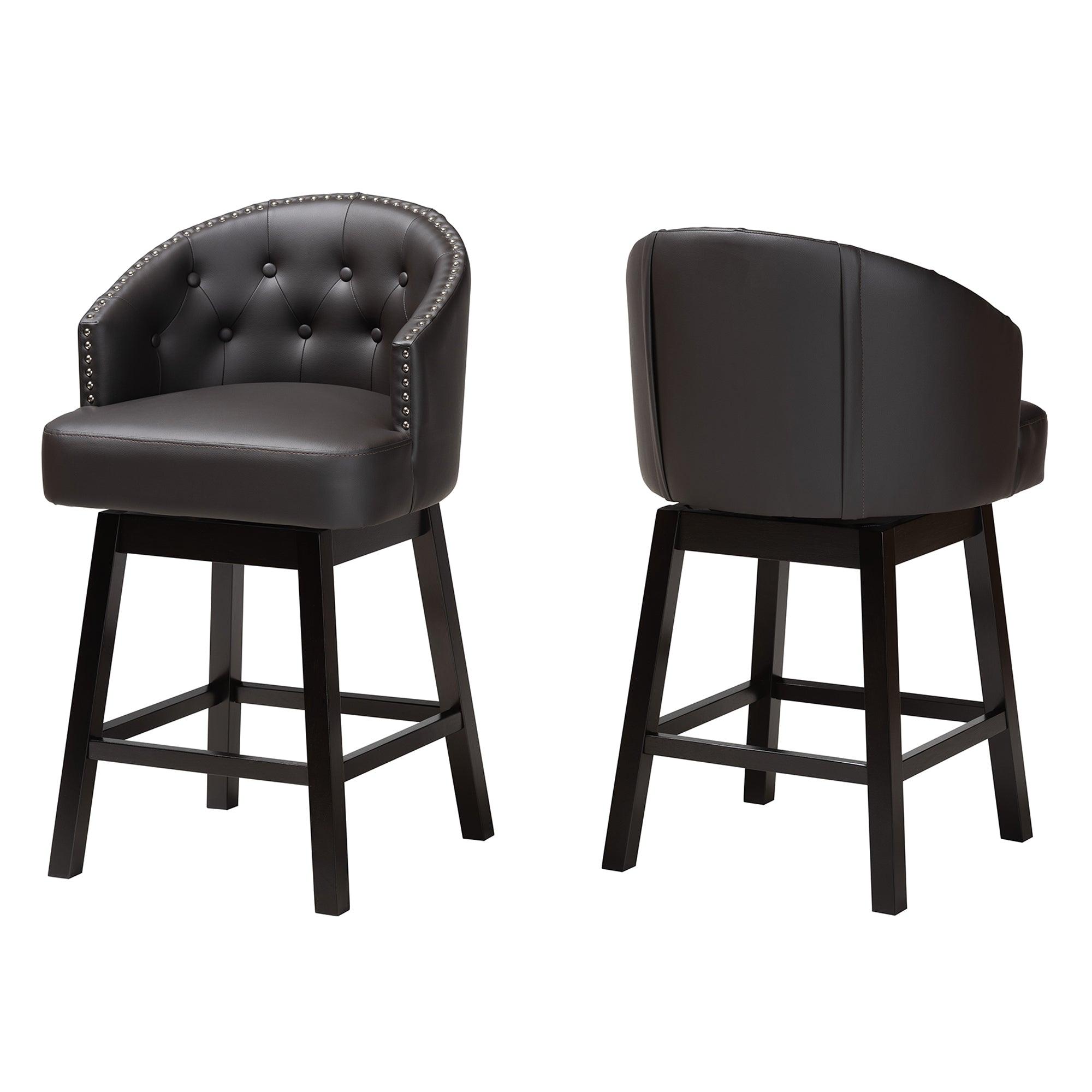 Theron Mid-Century Transitional Faux Leather and Espresso Finished Wood 2-Piece Swivel Counter Stool Set