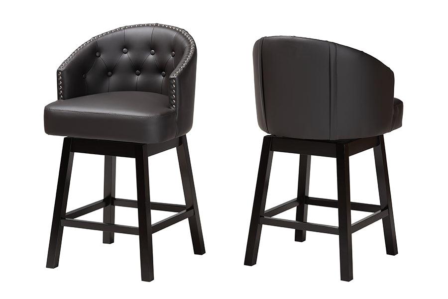 Theron Mid-Century Transitional Faux Leather and Espresso Finished Wood 2-Piece Swivel Counter Stool Set