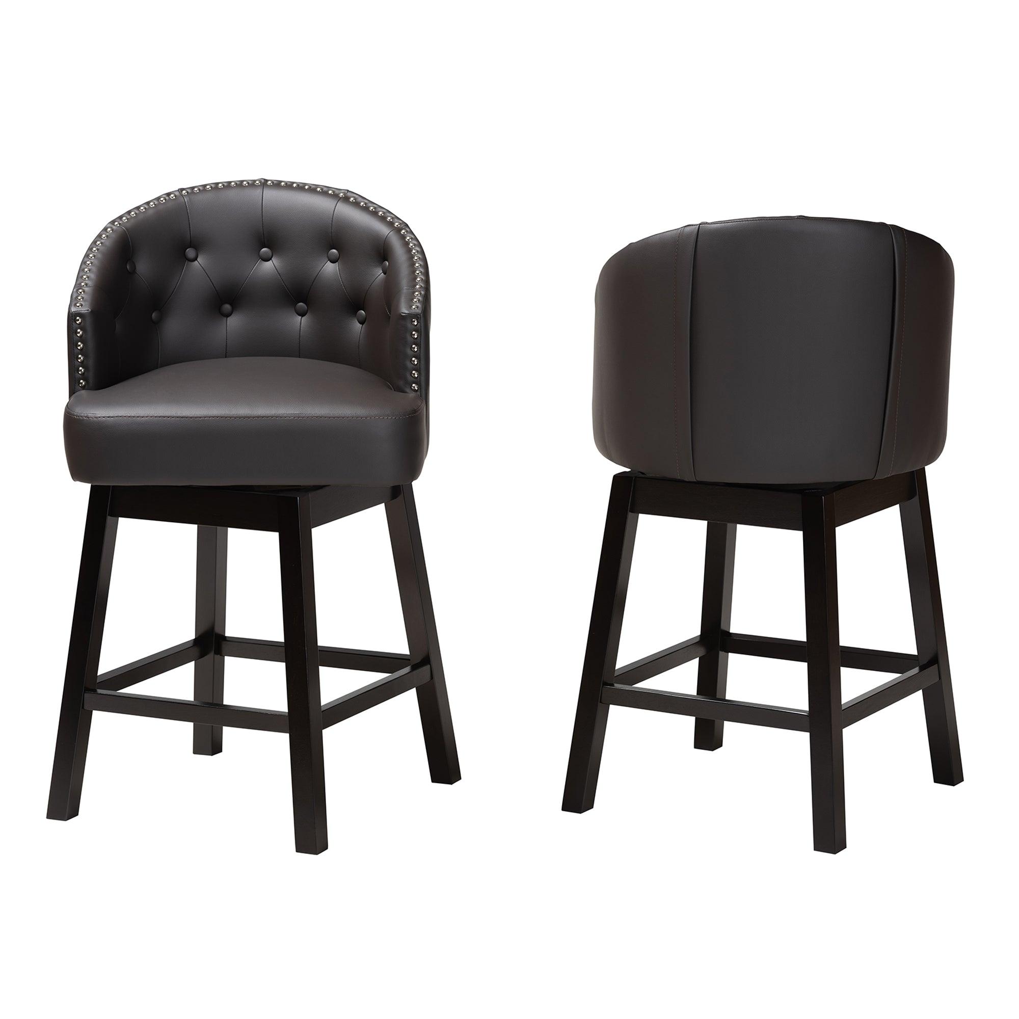 Theron Mid-Century Transitional Faux Leather and Espresso Finished Wood 2-Piece Swivel Counter Stool Set