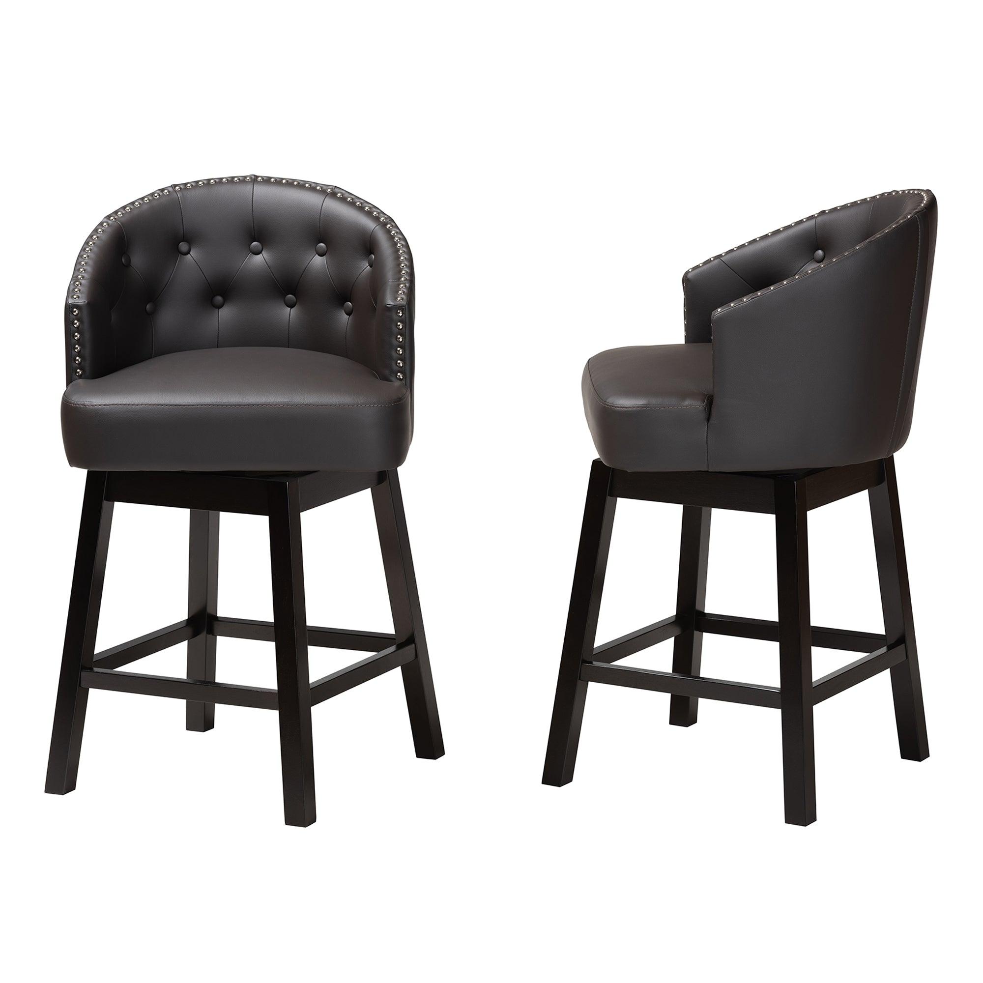 Theron Mid-Century Transitional Faux Leather and Espresso Finished Wood 2-Piece Swivel Counter Stool Set