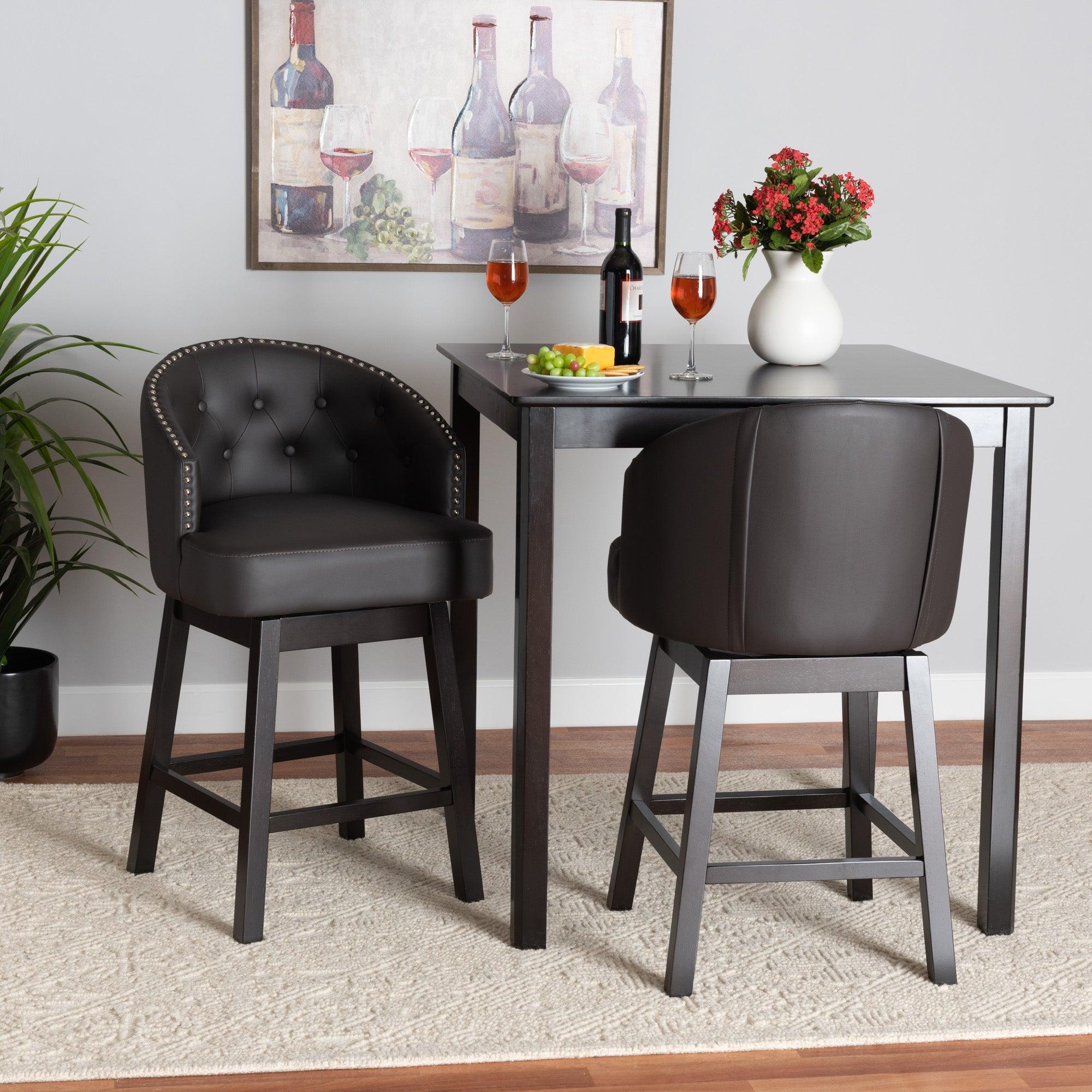 Theron Mid-Century Transitional Faux Leather and Espresso Finished Wood 2-Piece Swivel Counter Stool Set