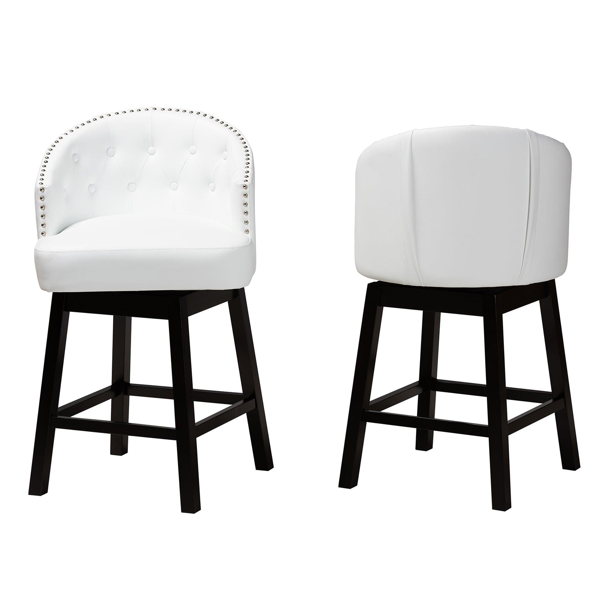 Theron Mid-Century Transitional Faux Leather and Espresso Finished Wood 2-Piece Swivel Counter Stool Set