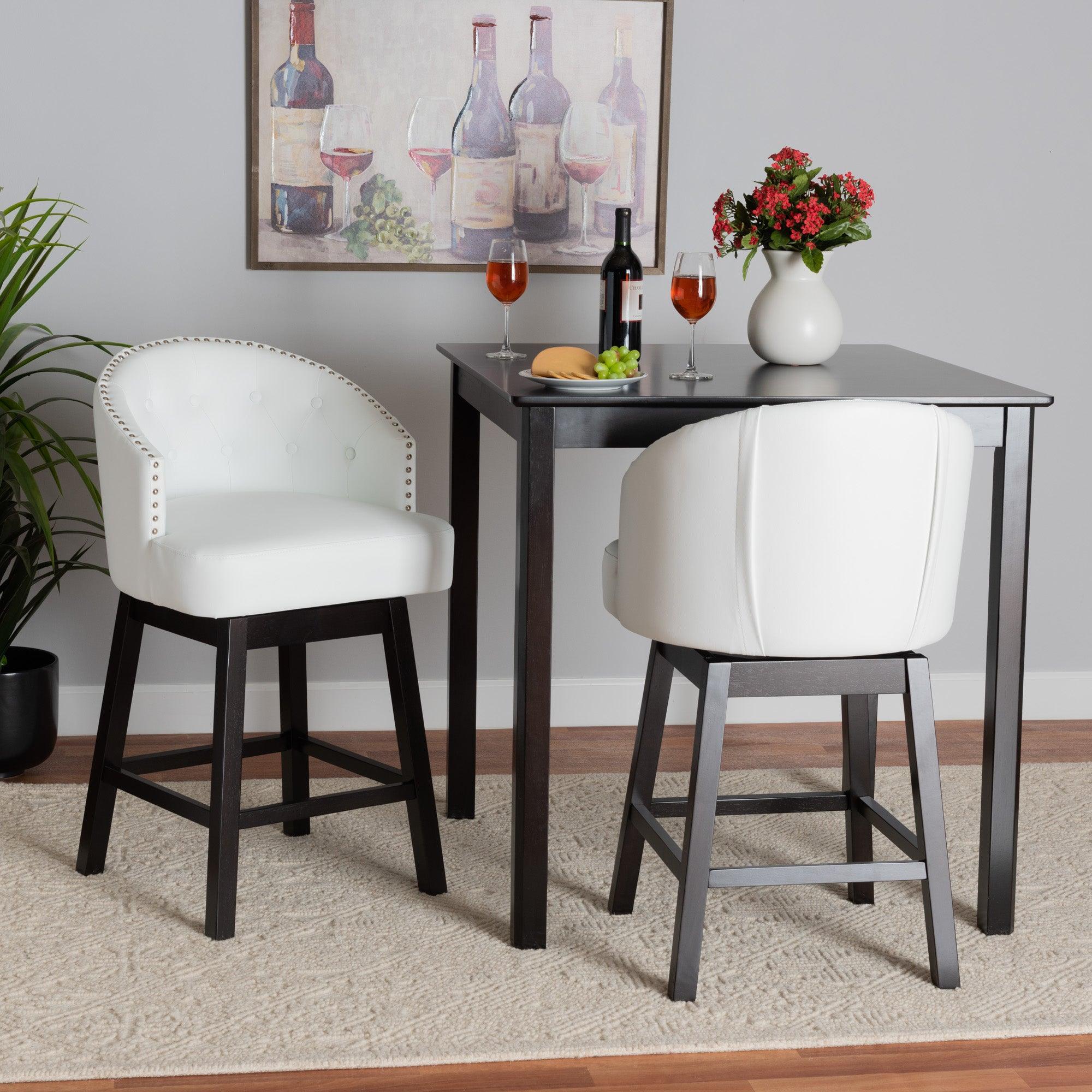 Theron Mid-Century Transitional Faux Leather and Espresso Finished Wood 2-Piece Swivel Counter Stool Set