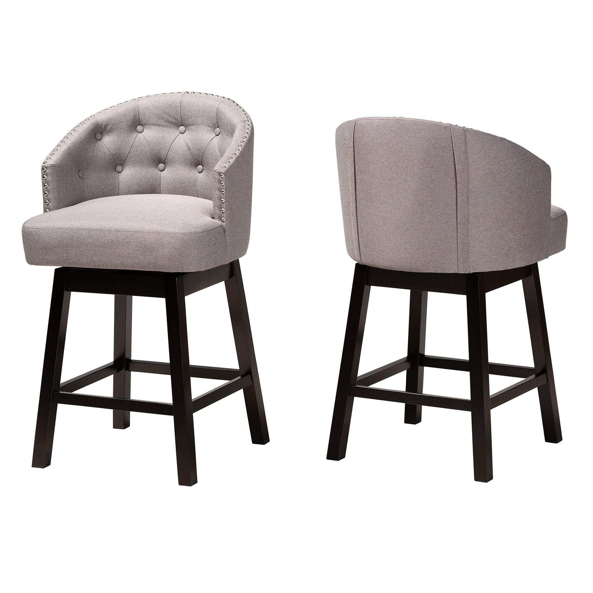 Theron Mid-Century Transitional Fabric and Espresso Finished Wood 2-Piece Swivel Counter Stool Set