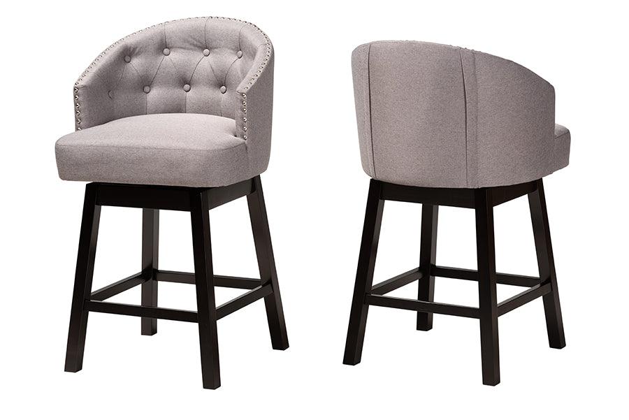 Theron Mid-Century Transitional Fabric and Espresso Finished Wood 2-Piece Swivel Counter Stool Set