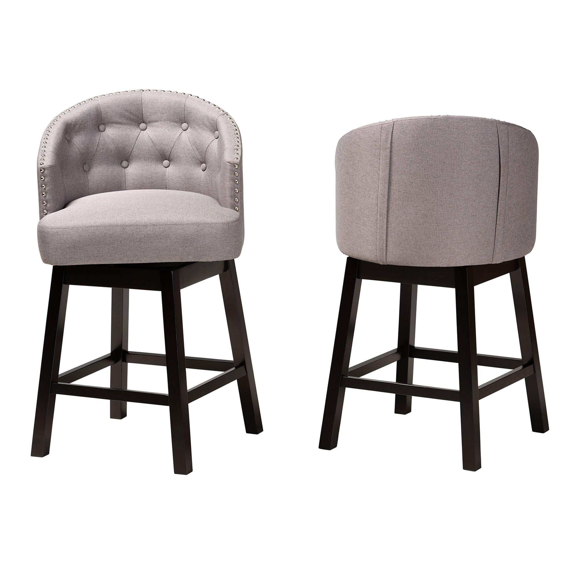 Theron Mid-Century Transitional Fabric and Espresso Finished Wood 2-Piece Swivel Counter Stool Set