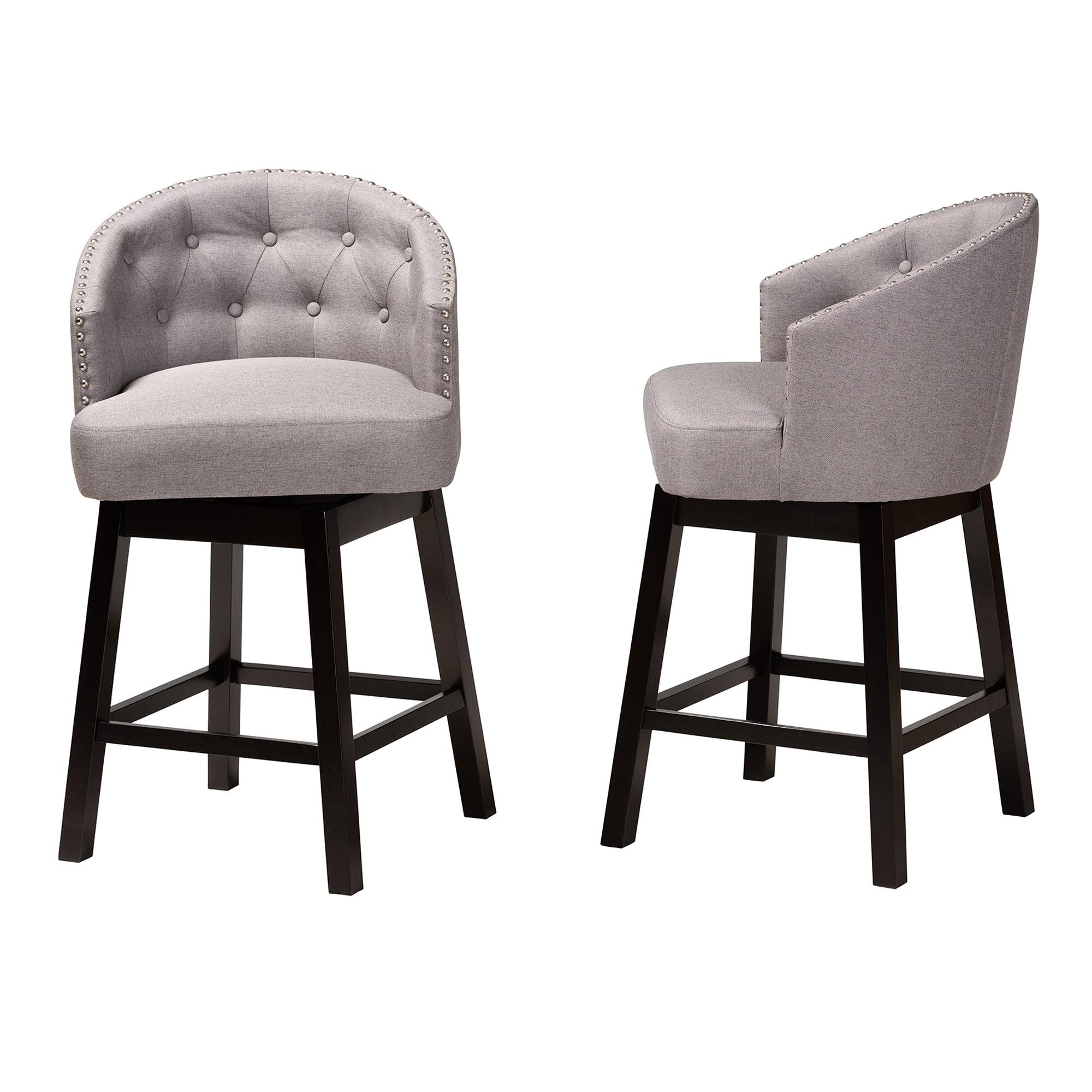 Theron Mid-Century Transitional Fabric and Espresso Finished Wood 2-Piece Swivel Counter Stool Set