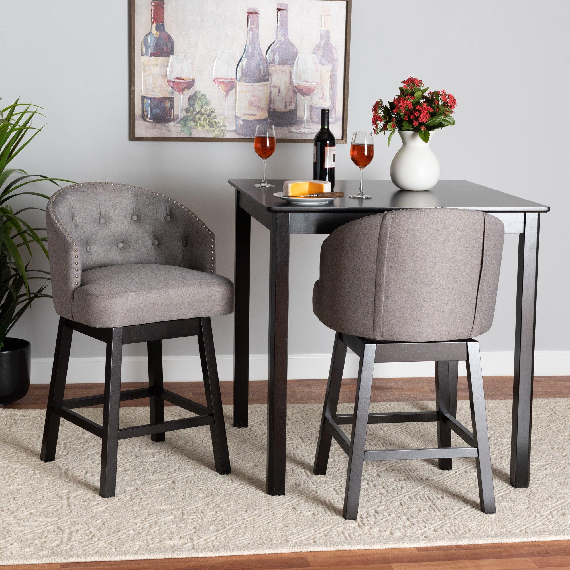 Theron Mid-Century Transitional Fabric and Espresso Finished Wood 2-Piece Swivel Counter Stool Set