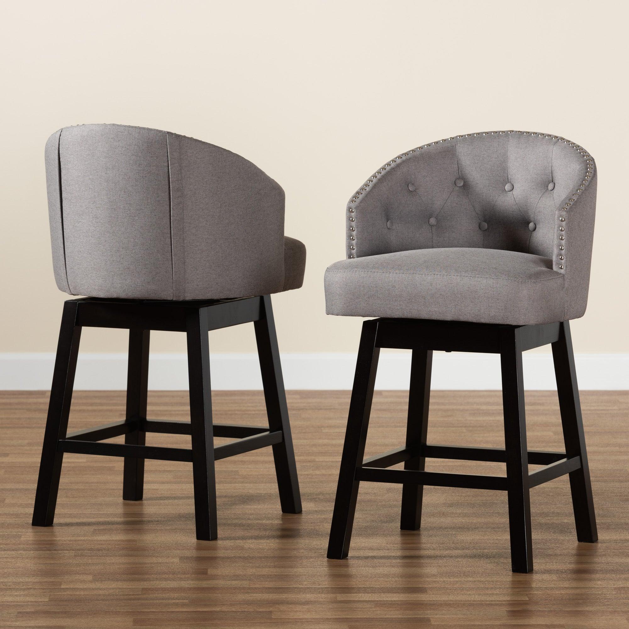 Theron Mid-Century Transitional Fabric and Espresso Finished Wood 2-Piece Swivel Counter Stool Set