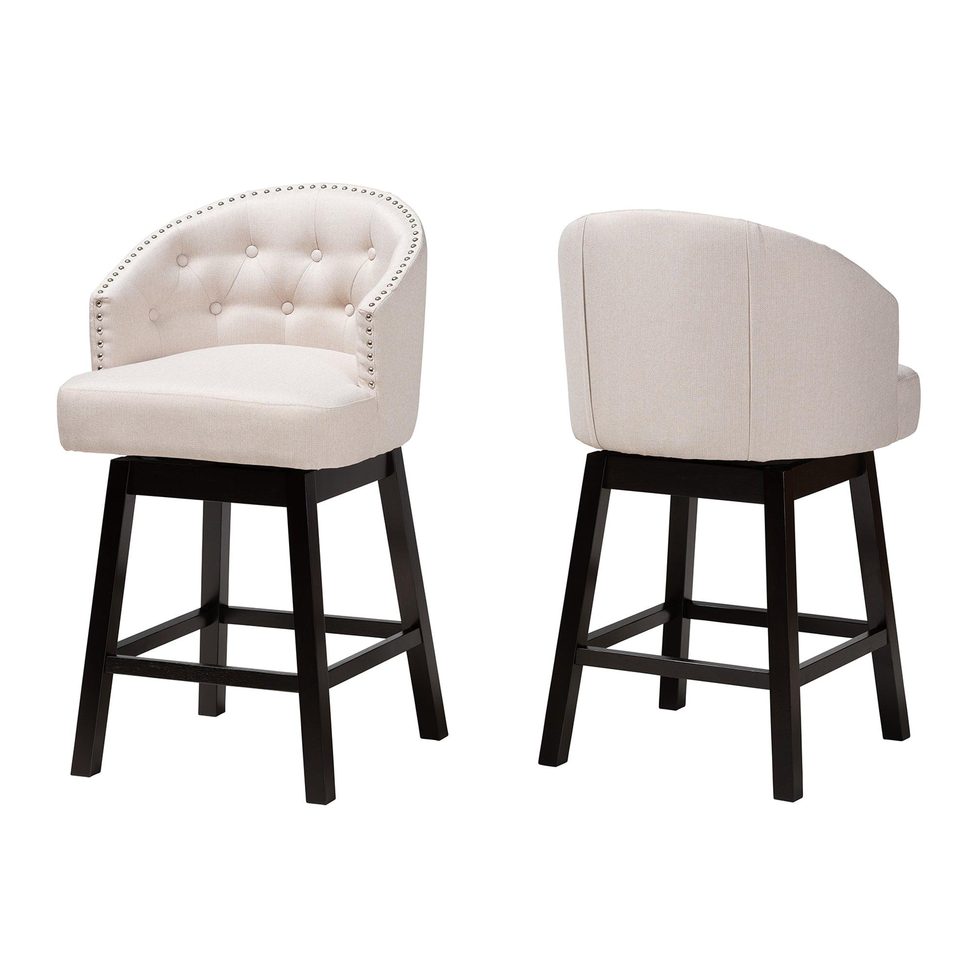 Theron Mid-Century Transitional Light Fabric and Espresso Finished Wood 2-Piece Swivel Counter Stool Set