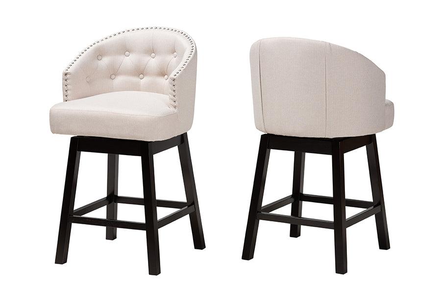 Theron Mid-Century Transitional Light Fabric and Espresso Finished Wood 2-Piece Swivel Counter Stool Set