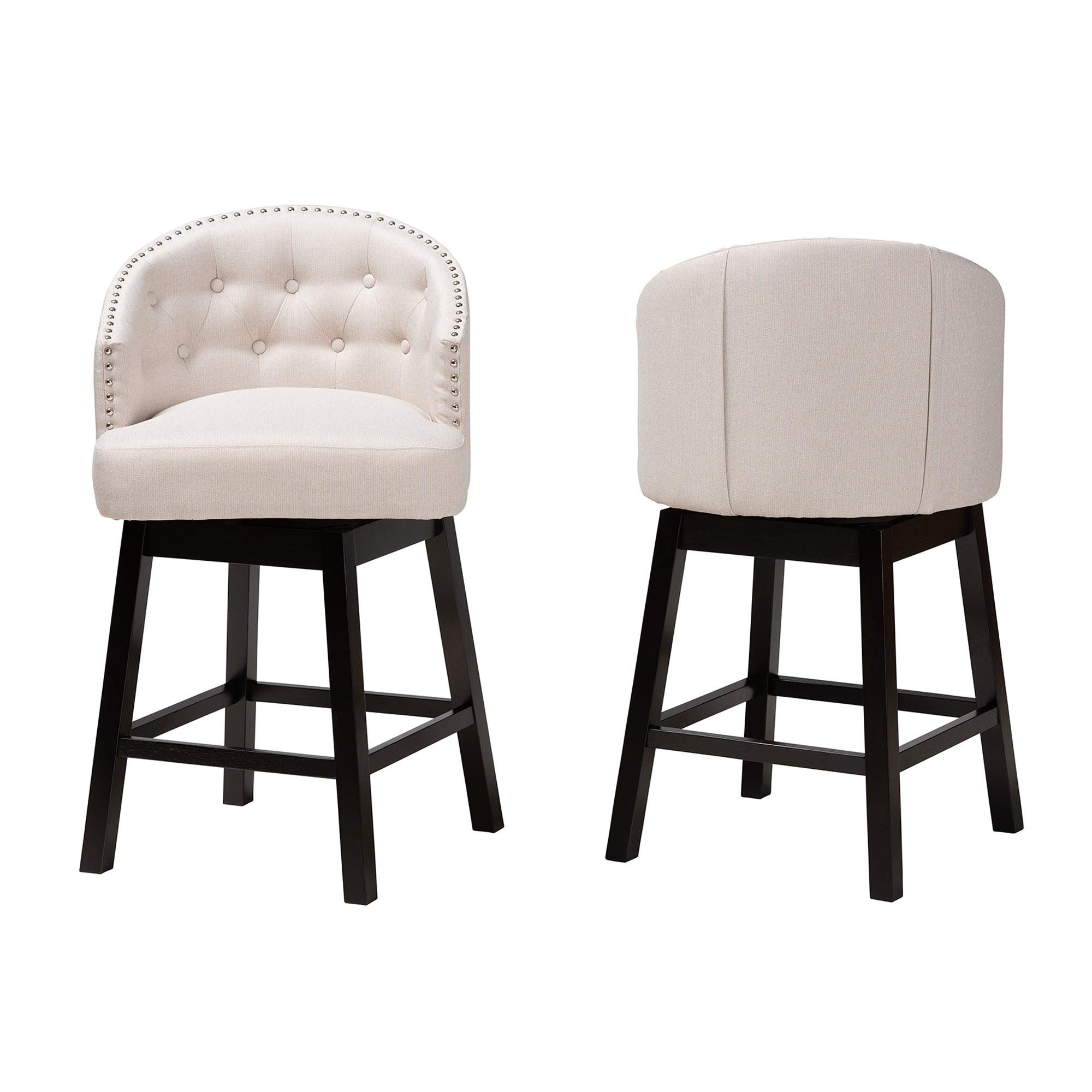 Theron Mid-Century Transitional Light Fabric and Espresso Finished Wood 2-Piece Swivel Counter Stool Set