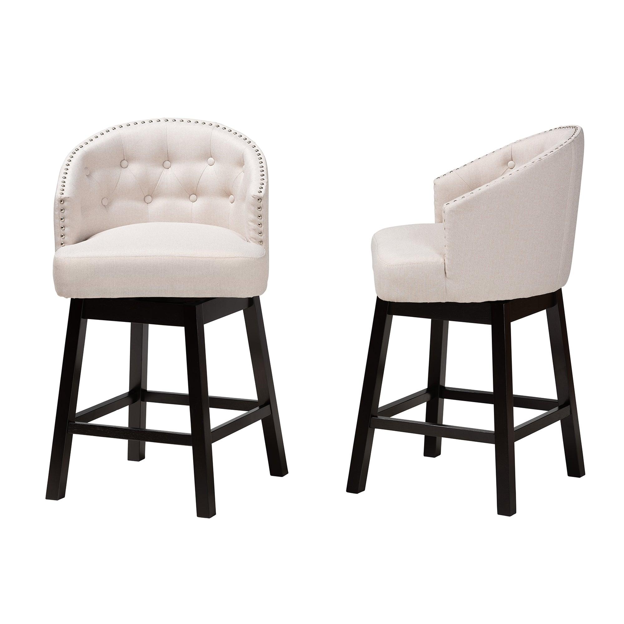 Theron Mid-Century Transitional Light Fabric and Espresso Finished Wood 2-Piece Swivel Counter Stool Set