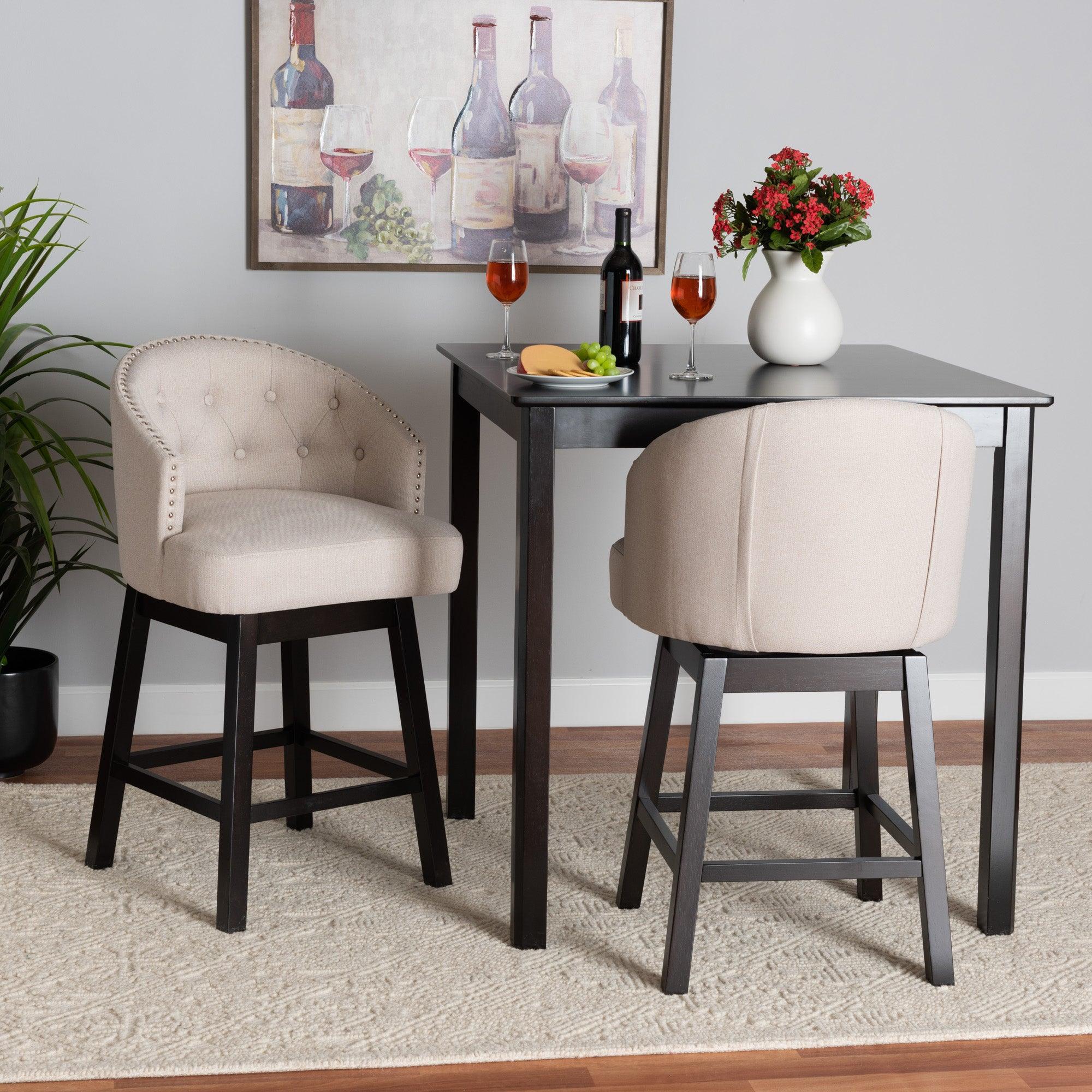 Theron Mid-Century Transitional Light Fabric and Espresso Finished Wood 2-Piece Swivel Counter Stool Set