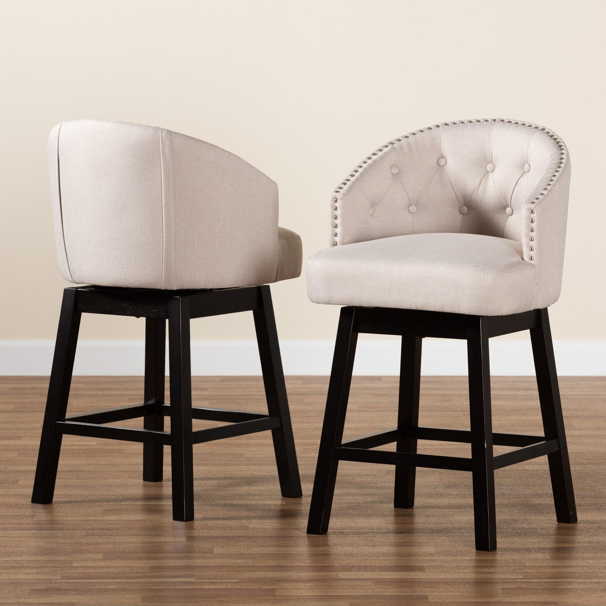 Theron Mid-Century Transitional Light Fabric and Espresso Finished Wood 2-Piece Swivel Counter Stool Set