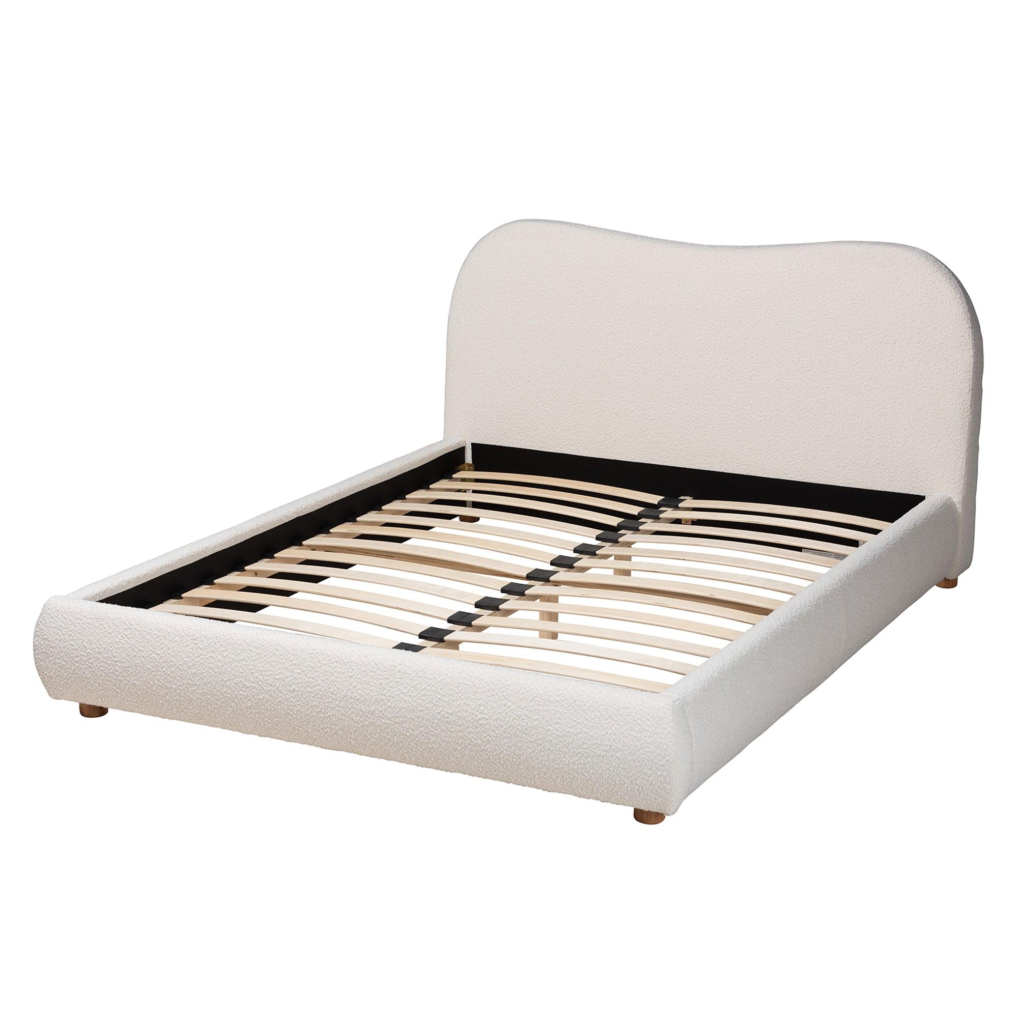 Maya Mid-Century Modern Cream Boucle Fabric and Finished Wood Platform Bed