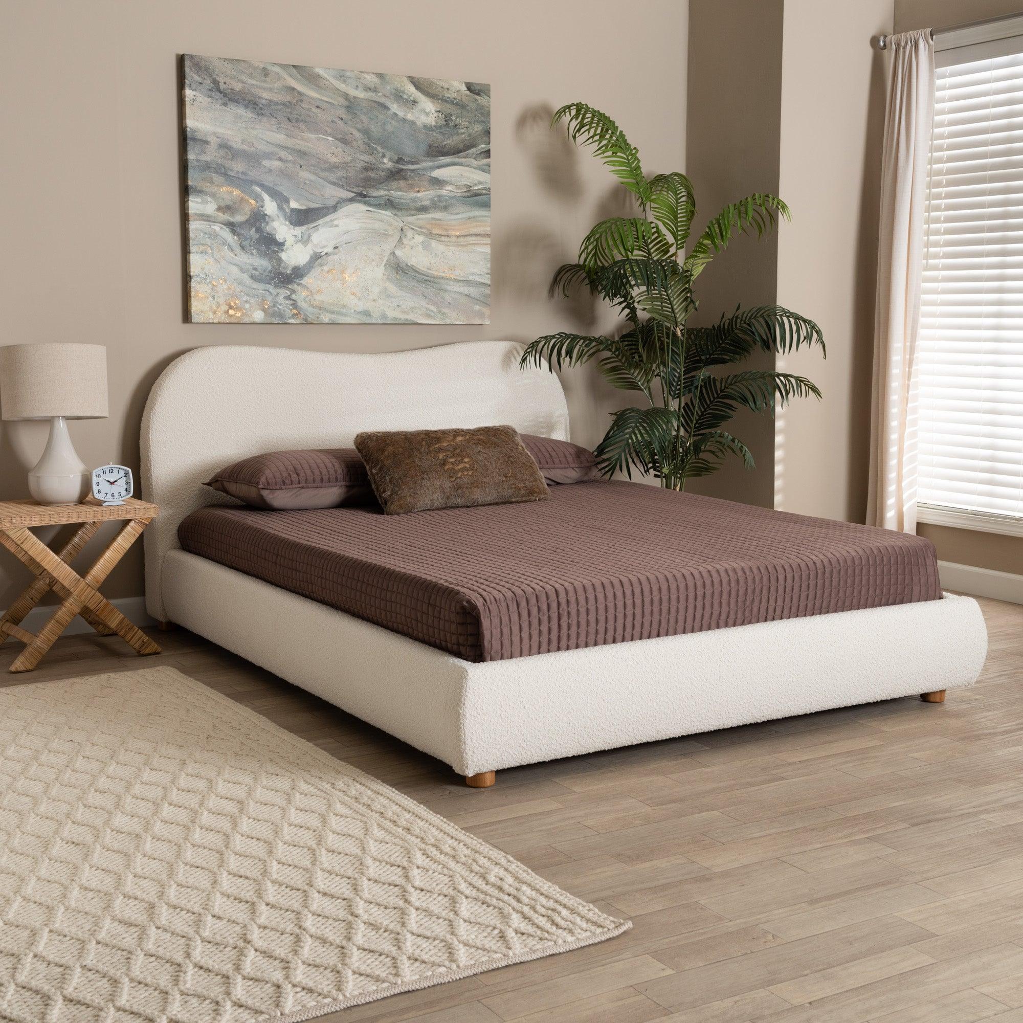 Maya Mid-Century Modern Cream Boucle Fabric and Finished Wood Platform Bed