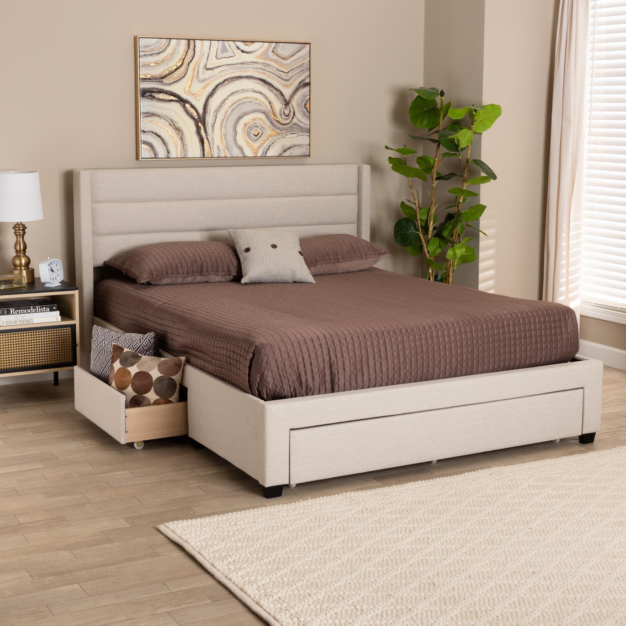 Braylon Mid-Century Modern Transitional Fabric and Finished Wood 3-Drawer Storage Platform Bed