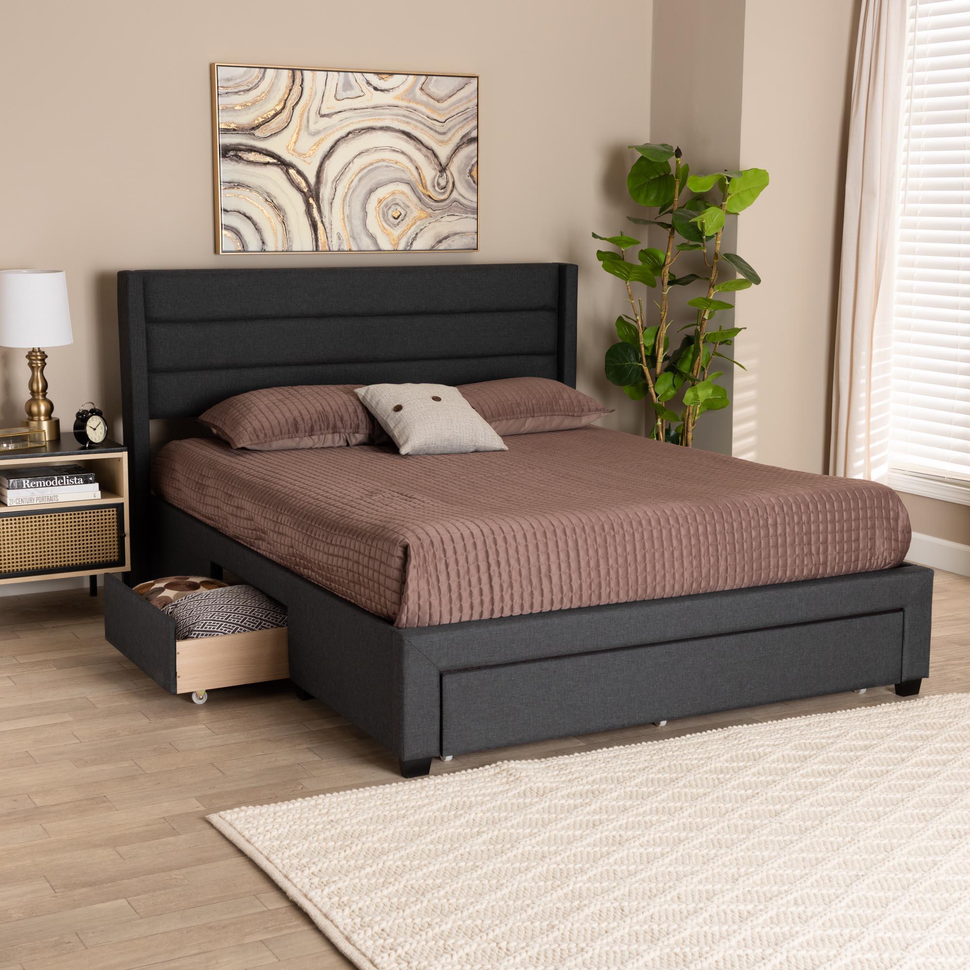 Braylon Mid-Century Modern Transitional Fabric and Finished Wood 3-Drawer Storage Platform Bed