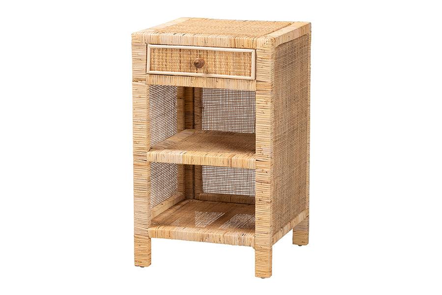 bali & pari Bella Modern Bohemian Mahogany Wood and Rattan 1-Drawer Nightstand