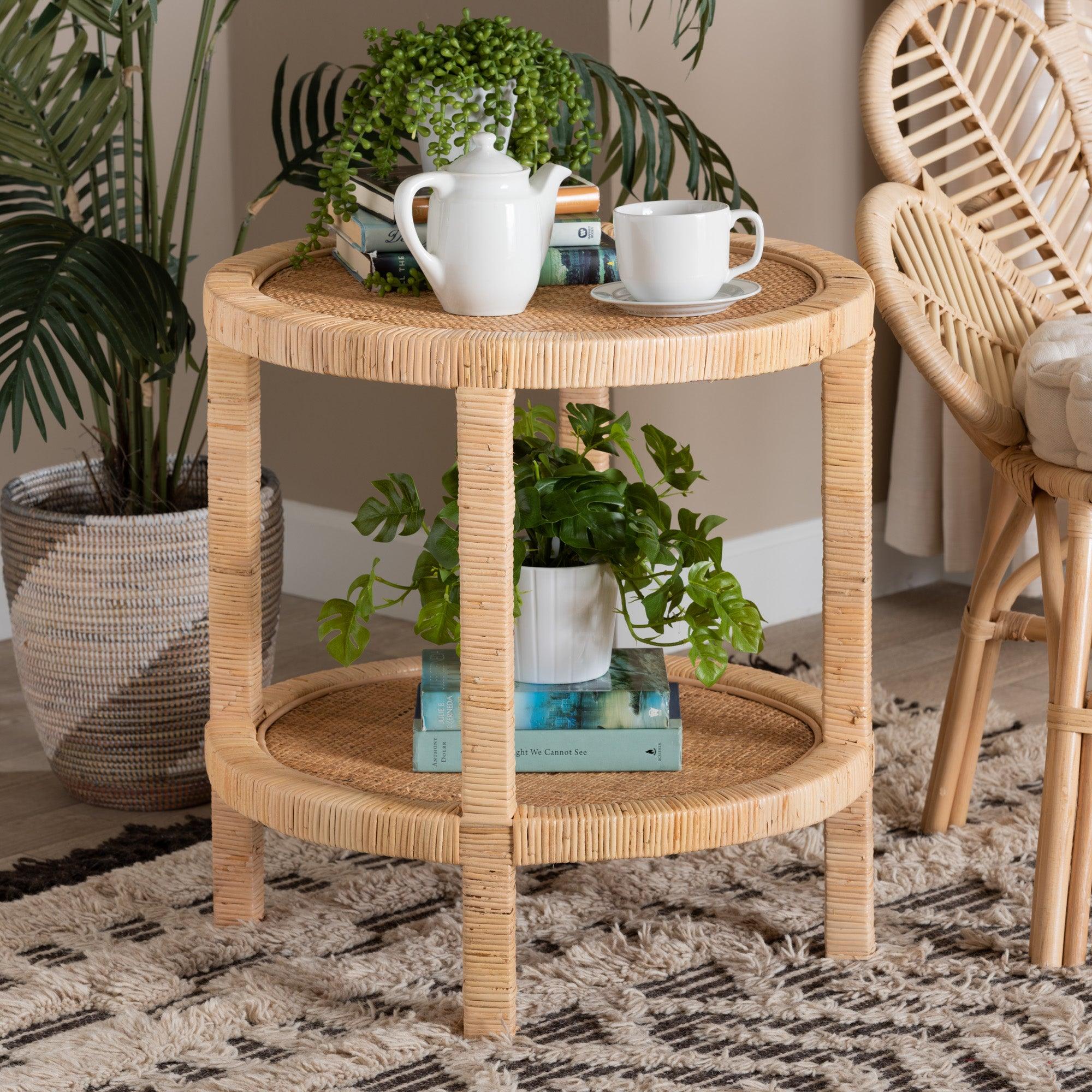 bali & pari Bella Modern Bohemian Mahogany Wood and Rattan 2-Tier End Table