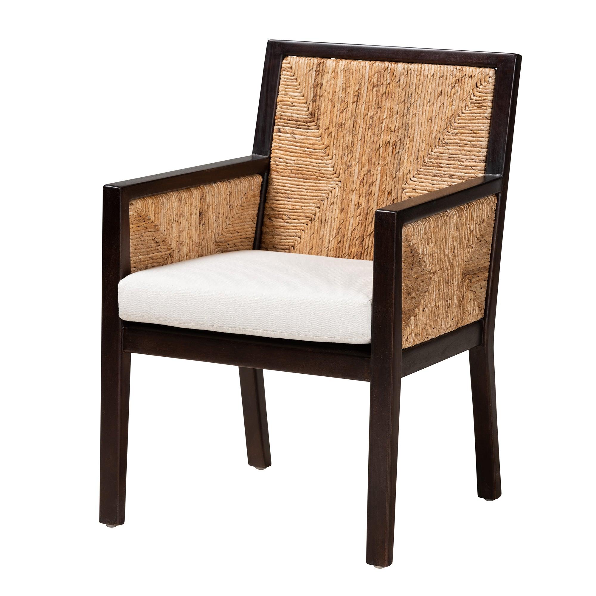 bali & pari Joana Modern Bohemian Mahogany Wood and Seagrass Dining Arm Chair