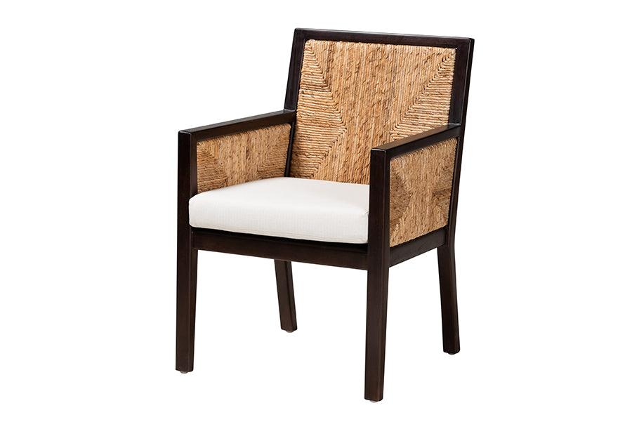 bali & pari Joana Modern Bohemian Mahogany Wood and Seagrass Dining Arm Chair