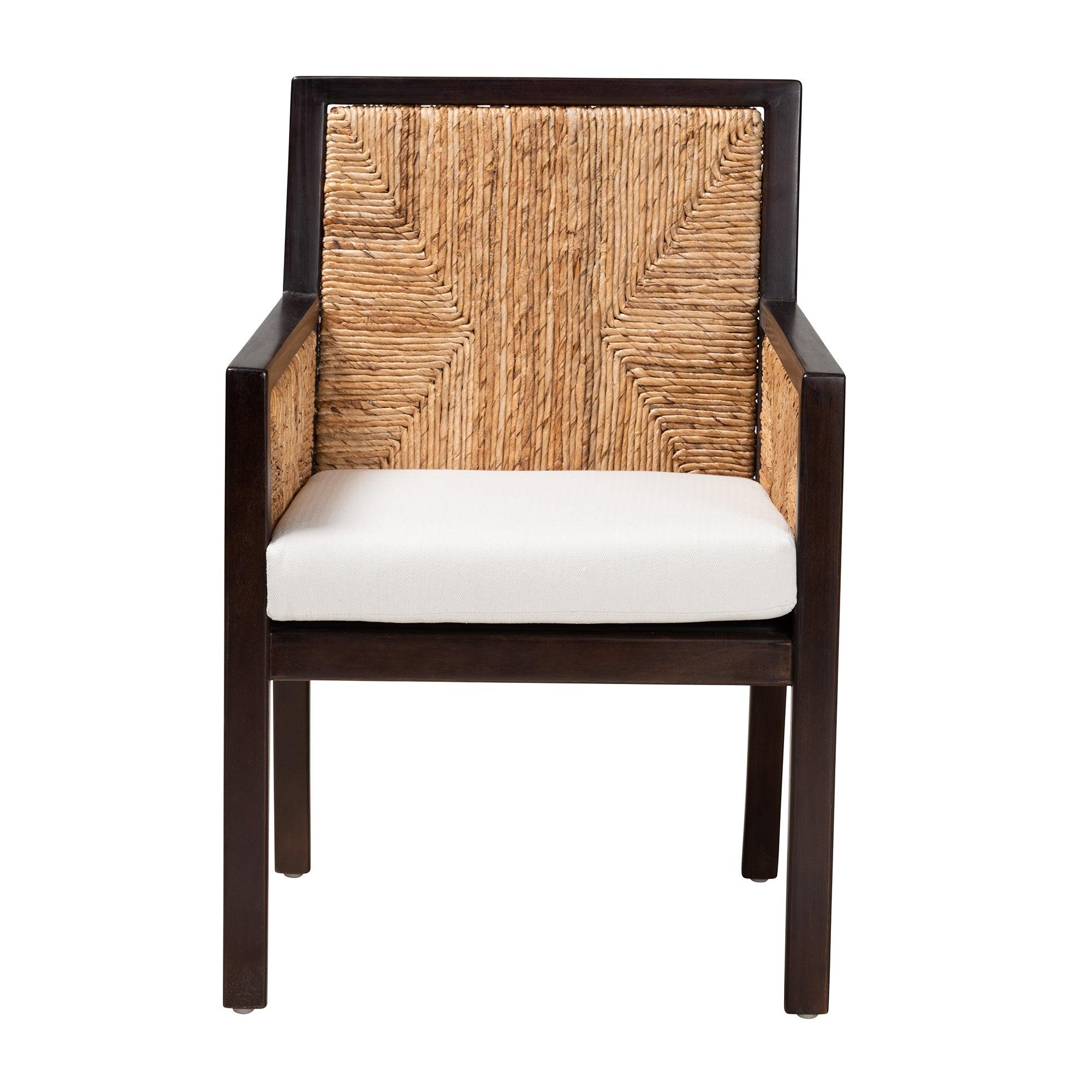 bali & pari Joana Modern Bohemian Mahogany Wood and Seagrass Dining Arm Chair