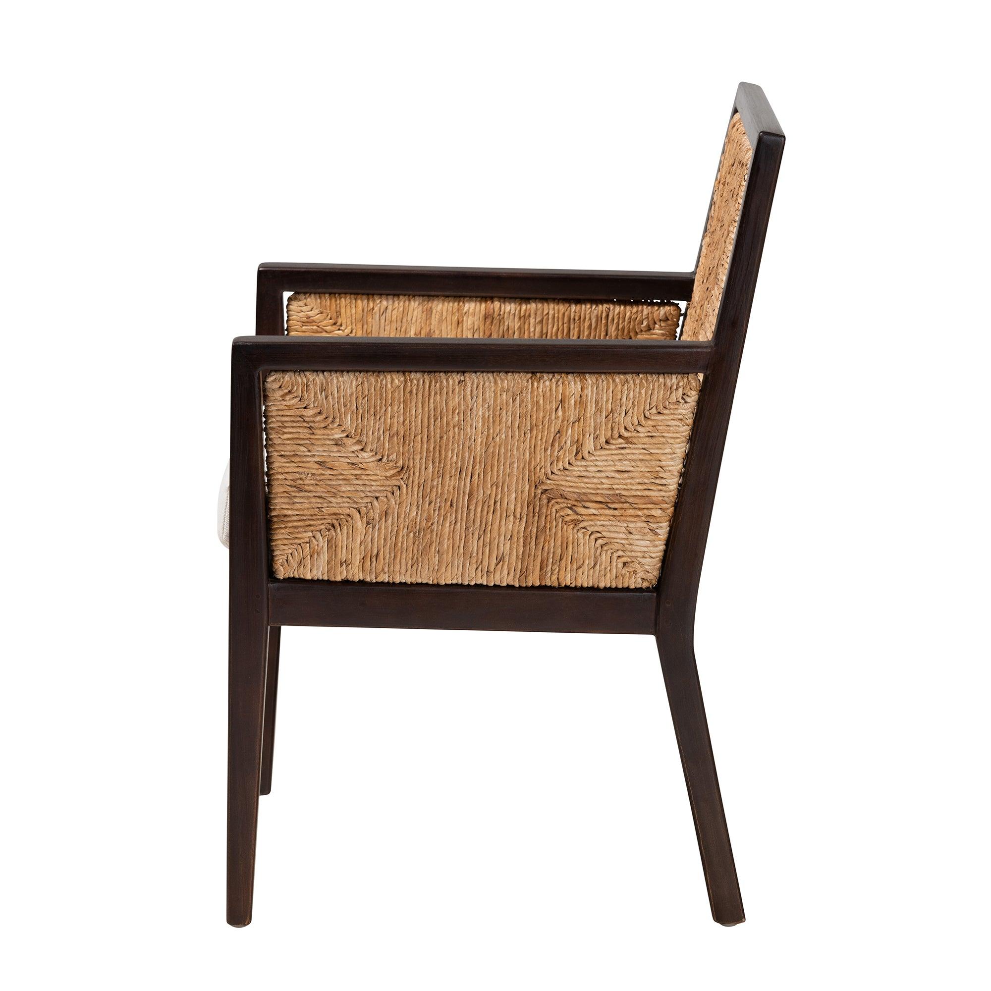 bali & pari Joana Modern Bohemian Mahogany Wood and Seagrass Dining Arm Chair