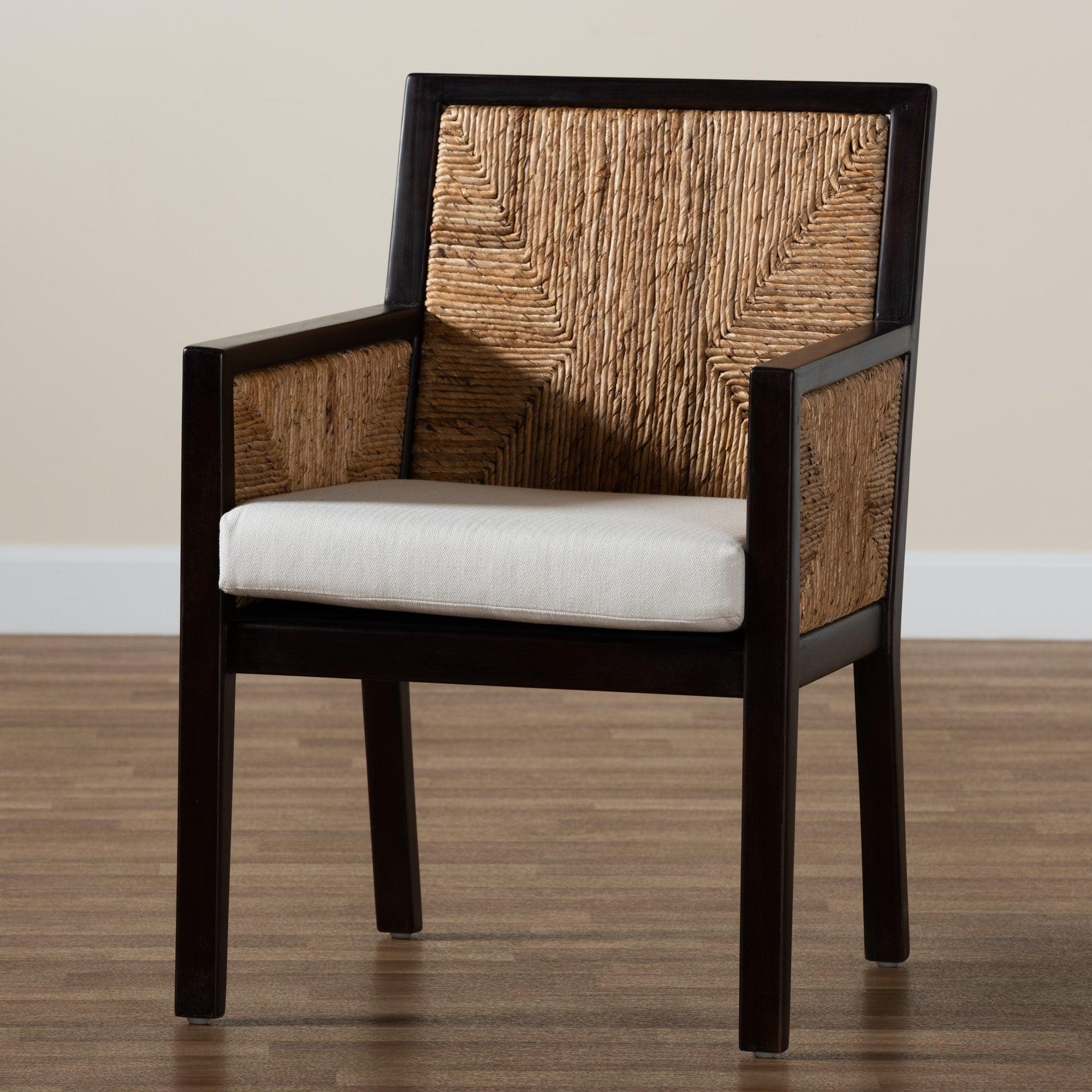 bali & pari Joana Modern Bohemian Mahogany Wood and Seagrass Dining Arm Chair