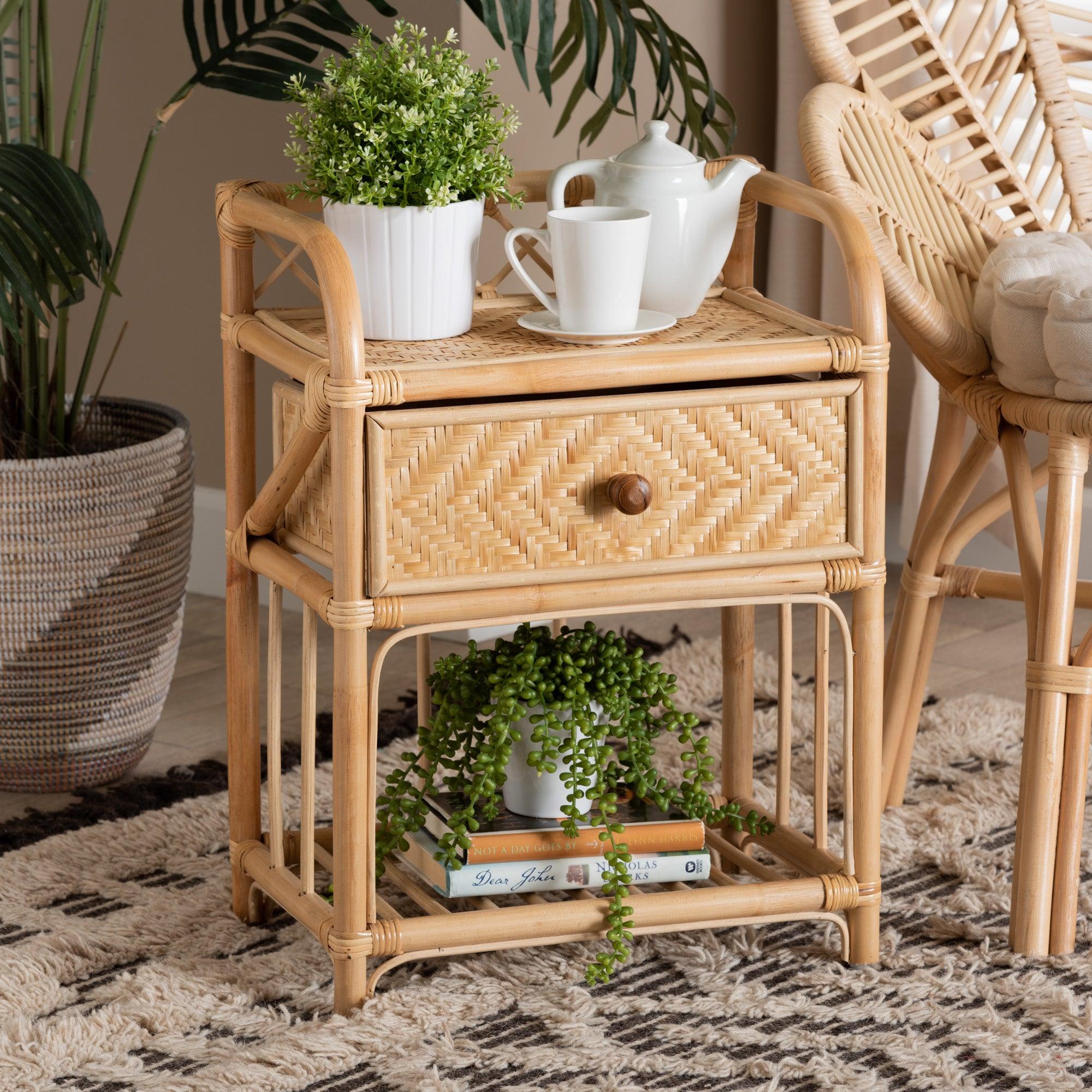 bali & pari Kobie Modern Bohemian Rattan 1-Drawer Nightstand