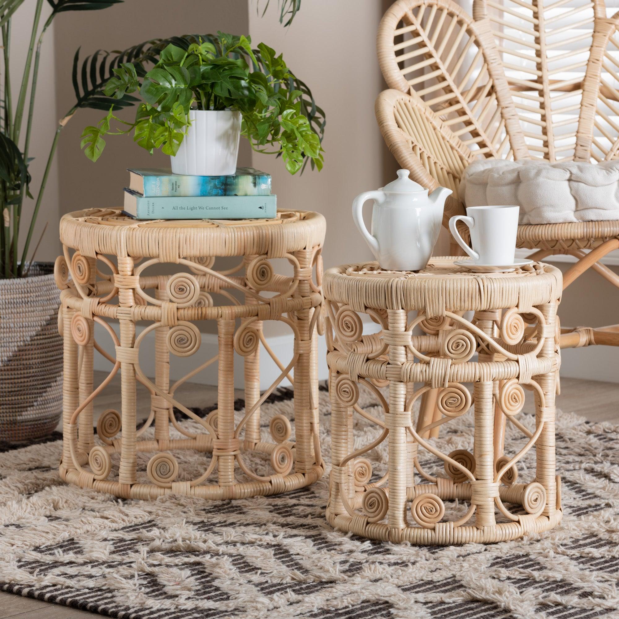 bali & pari Bowie Modern Bohemian Rattan 2-Piece Nesting End Table Set