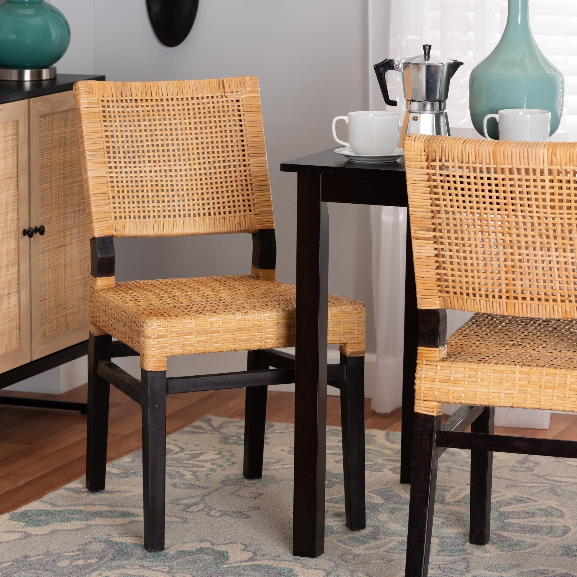 bali & pari Lesia Modern Bohemian Rattan and Espresso Mahogany Wood Dining Chair