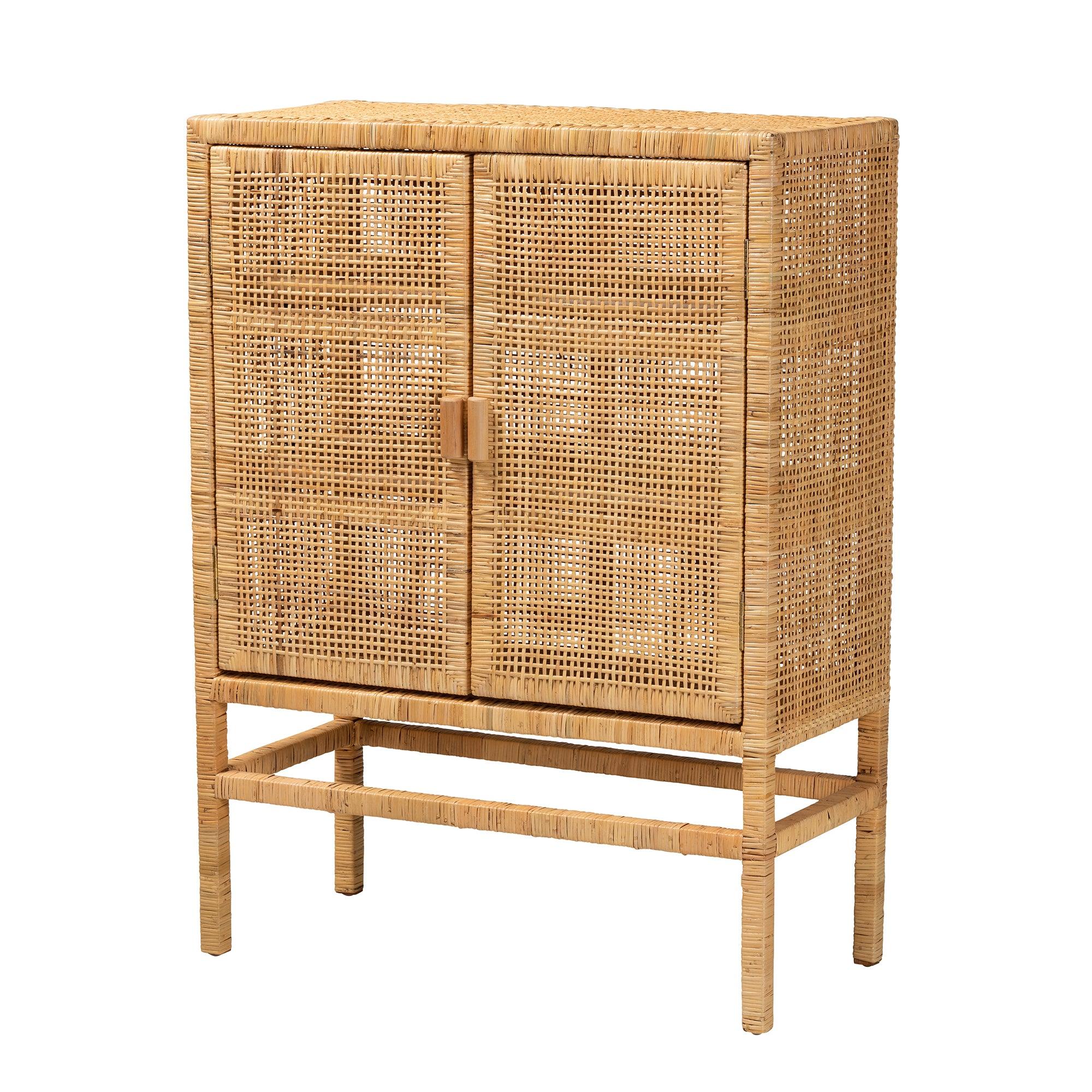 bali & pari Vivan Modern Bohemian Rattan and Mahogany Wood 3-Shelf Storage Cabinet