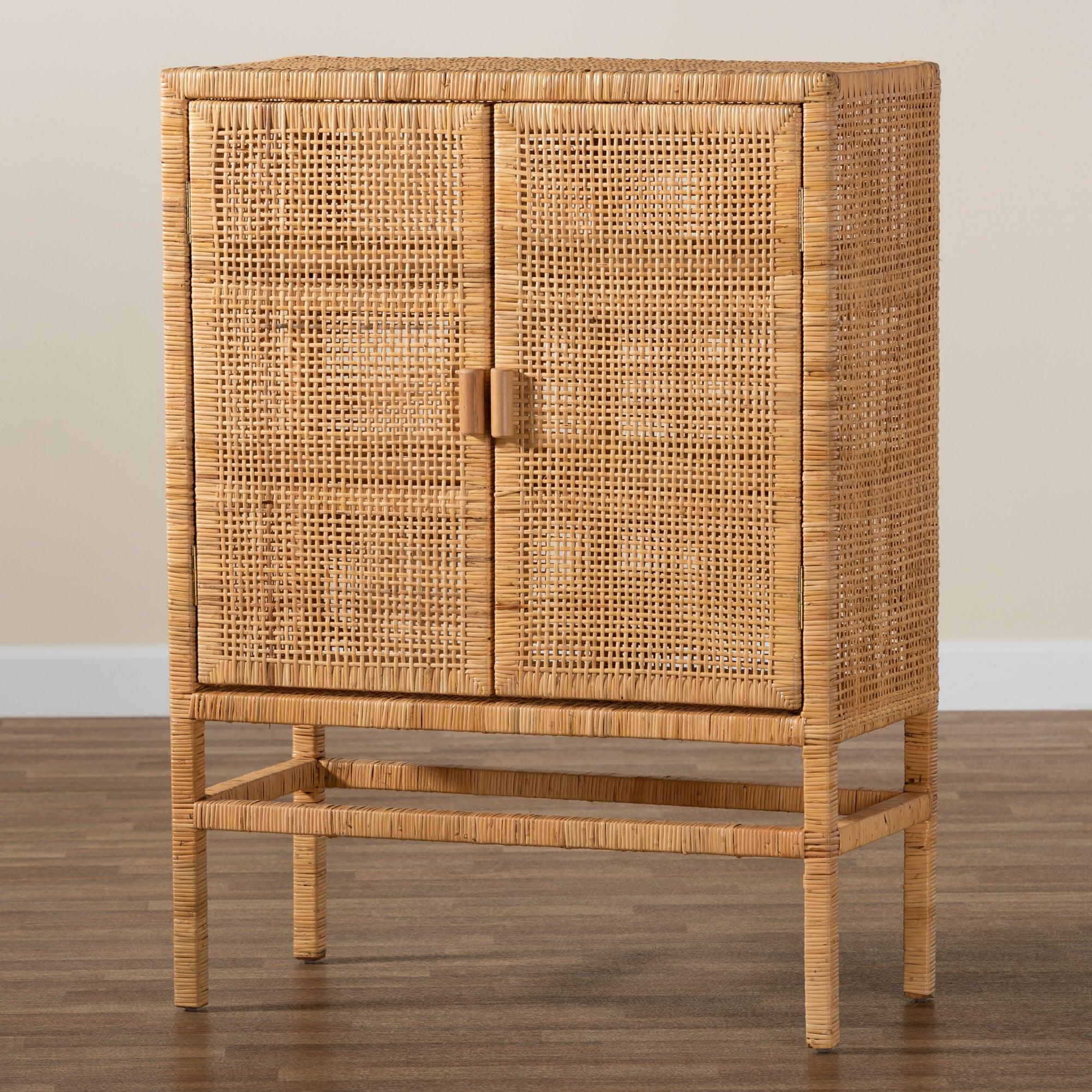 bali & pari Vivan Modern Bohemian Rattan and Mahogany Wood 3-Shelf Storage Cabinet