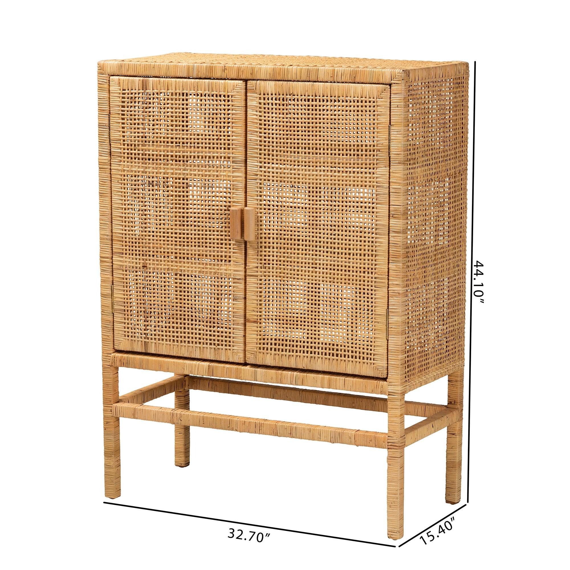 bali & pari Vivan Modern Bohemian Rattan and Mahogany Wood 3-Shelf Storage Cabinet