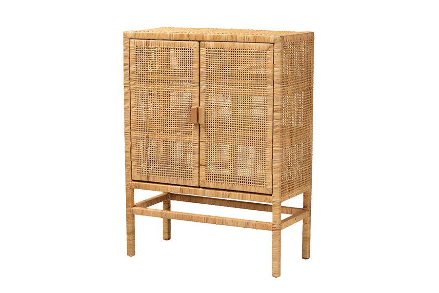 bali & pari Vivan Modern Bohemian Rattan and Mahogany Wood 3-Shelf Storage Cabinet