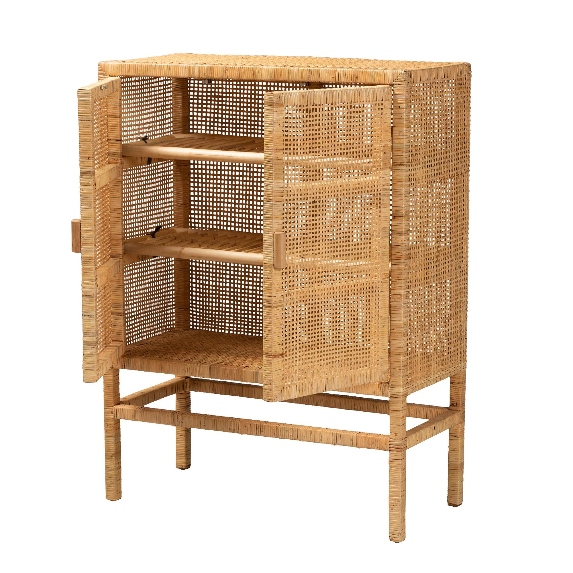 bali & pari Vivan Modern Bohemian Rattan and Mahogany Wood 3-Shelf Storage Cabinet