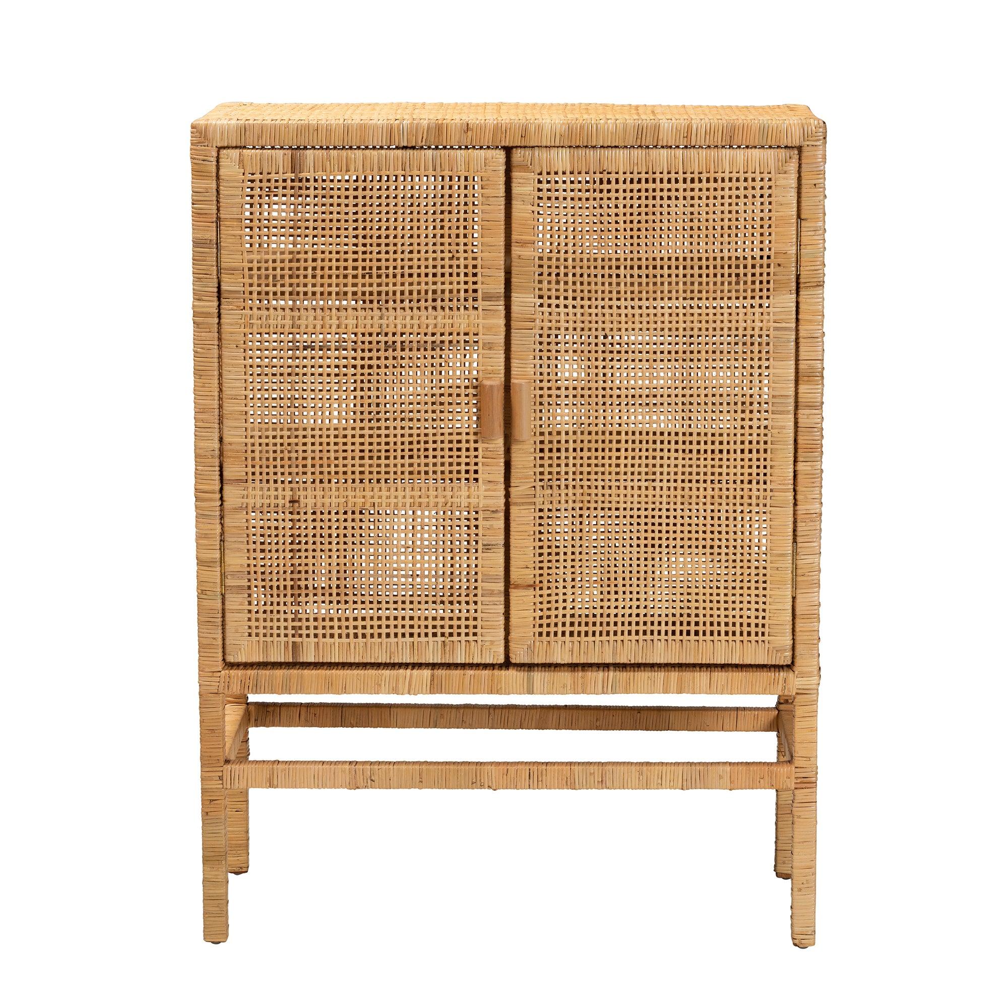 bali & pari Vivan Modern Bohemian Rattan and Mahogany Wood 3-Shelf Storage Cabinet