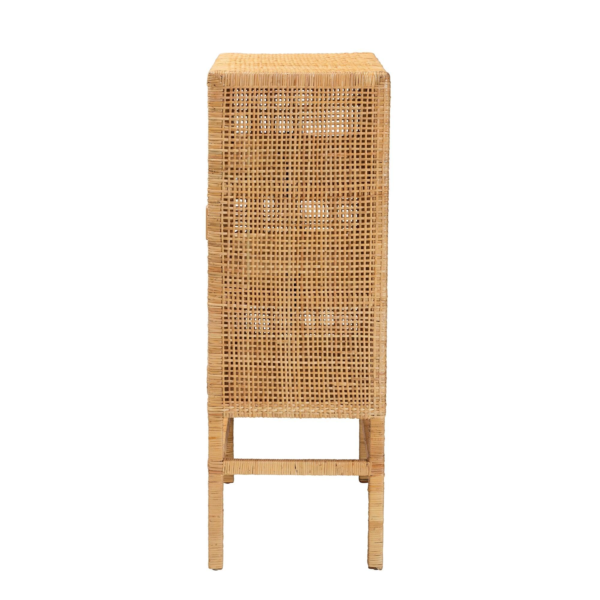 bali & pari Vivan Modern Bohemian Rattan and Mahogany Wood 3-Shelf Storage Cabinet