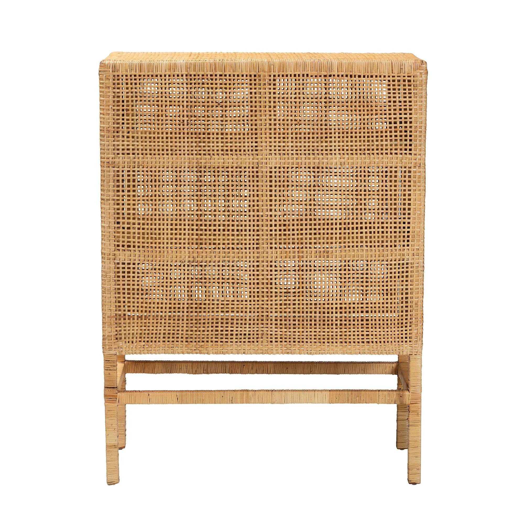 bali & pari Vivan Modern Bohemian Rattan and Mahogany Wood 3-Shelf Storage Cabinet