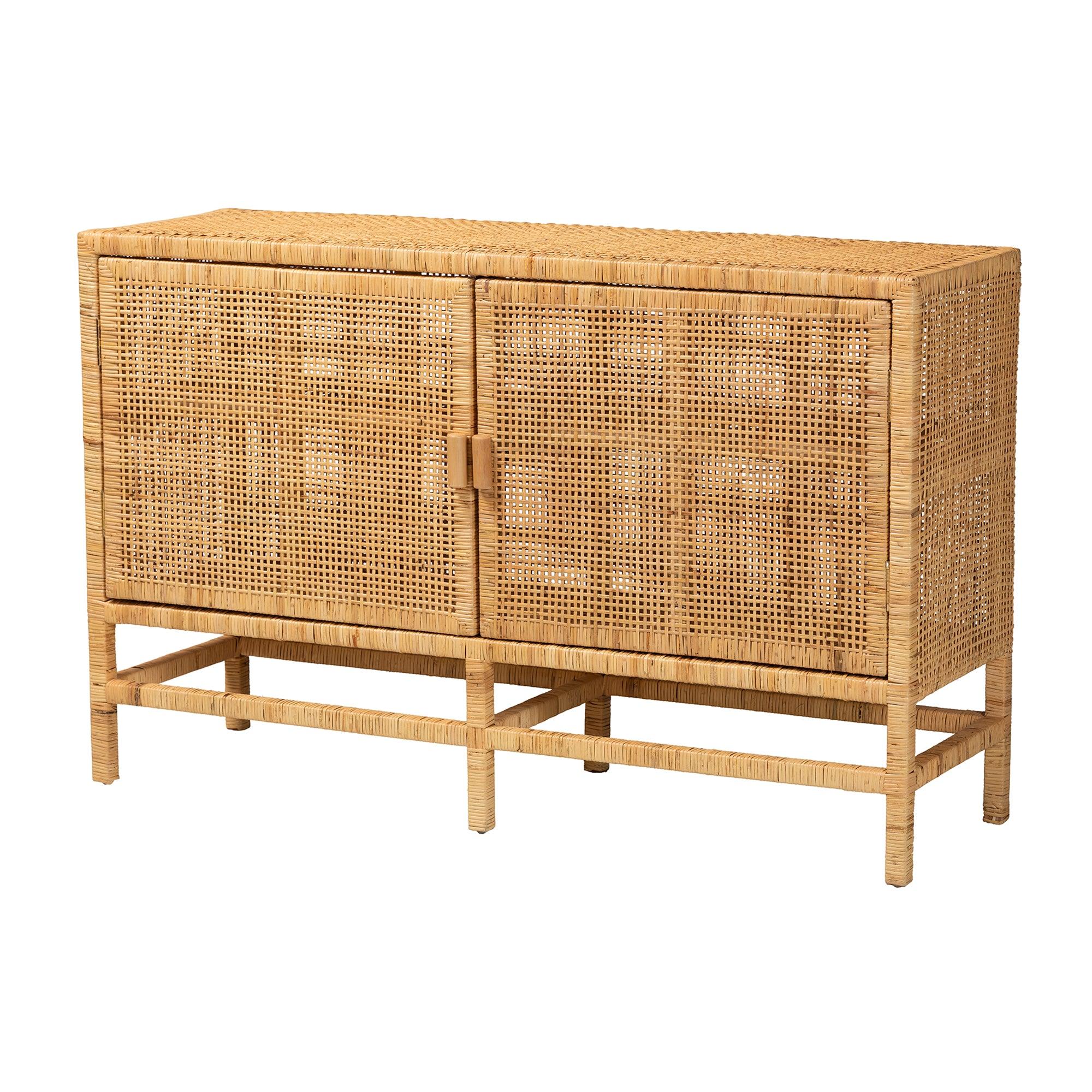 bali & pari Vivan Modern Bohemian Rattan and Mahogany Wood Storage Cabinet