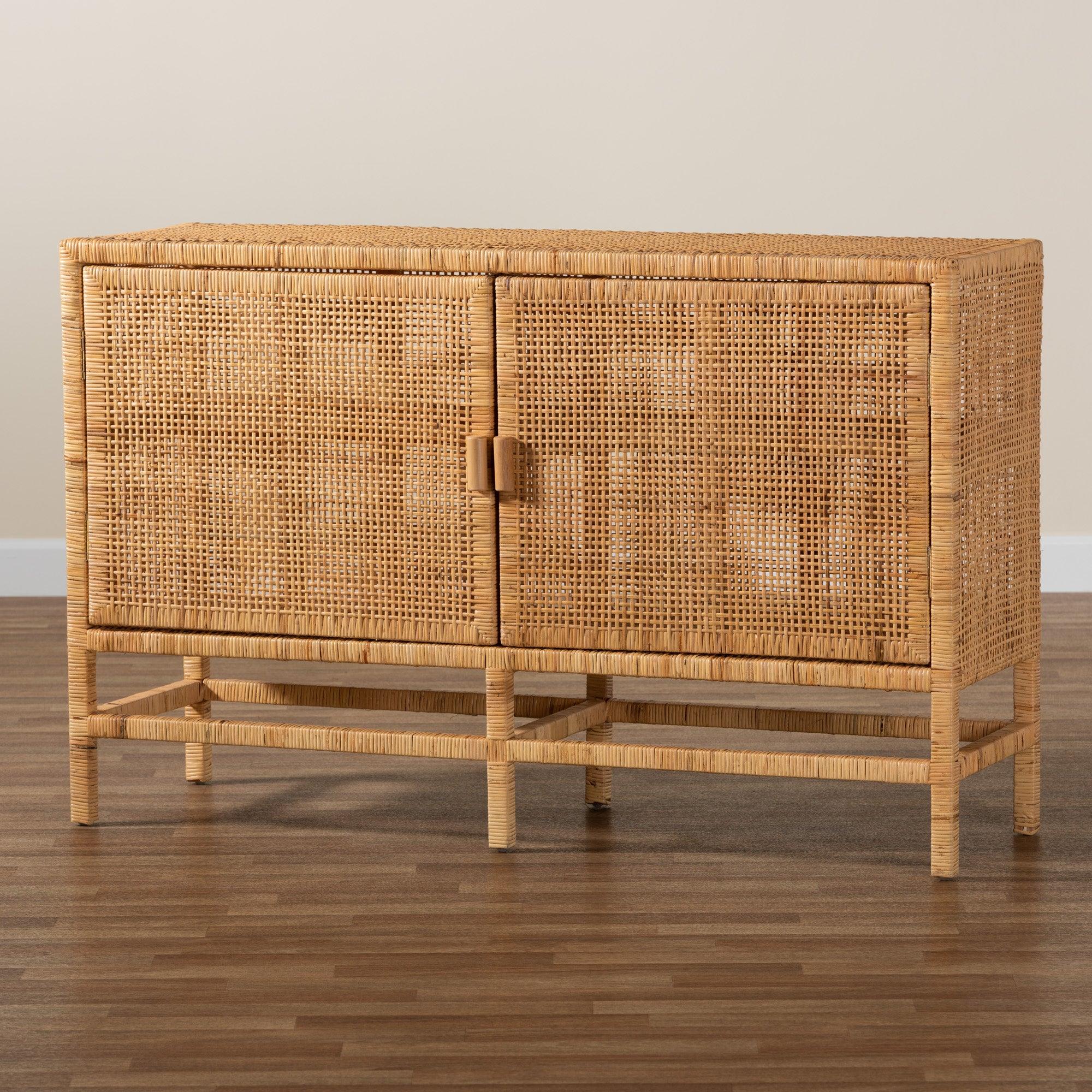 bali & pari Vivan Modern Bohemian Rattan and Mahogany Wood Storage Cabinet