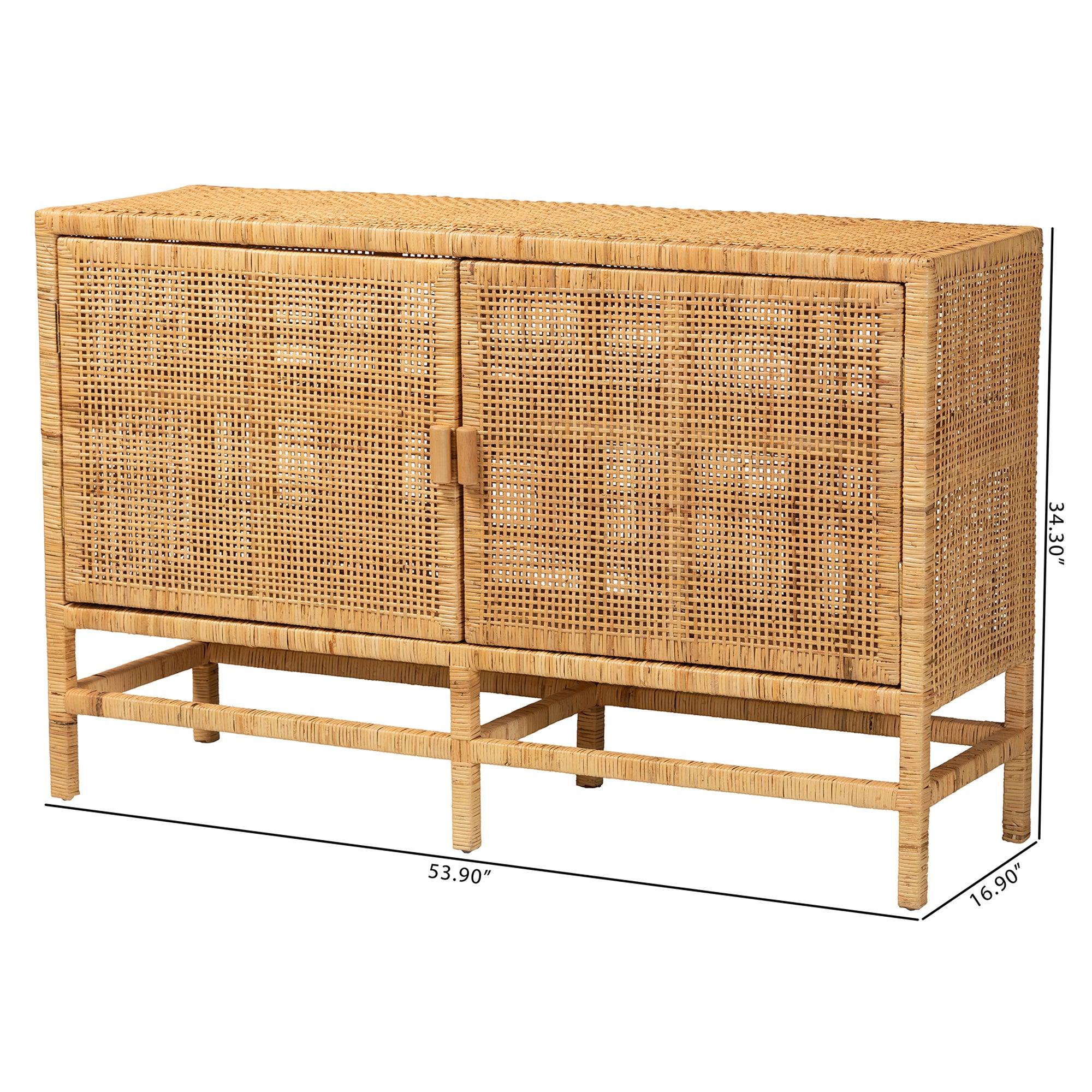 bali & pari Vivan Modern Bohemian Rattan and Mahogany Wood Storage Cabinet