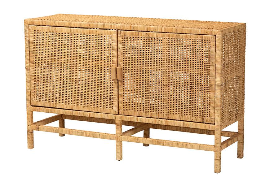 bali & pari Vivan Modern Bohemian Rattan and Mahogany Wood Storage Cabinet