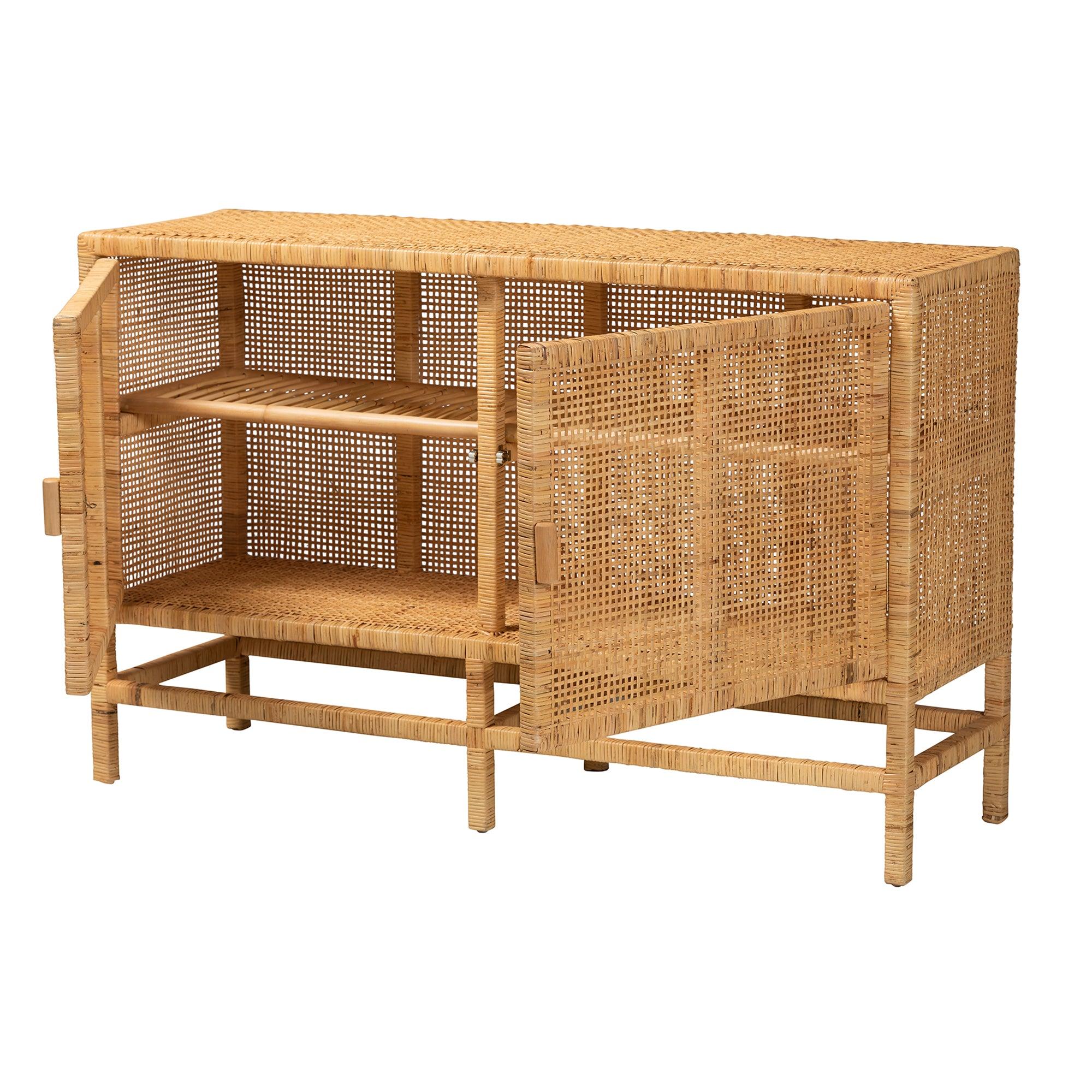 bali & pari Vivan Modern Bohemian Rattan and Mahogany Wood Storage Cabinet