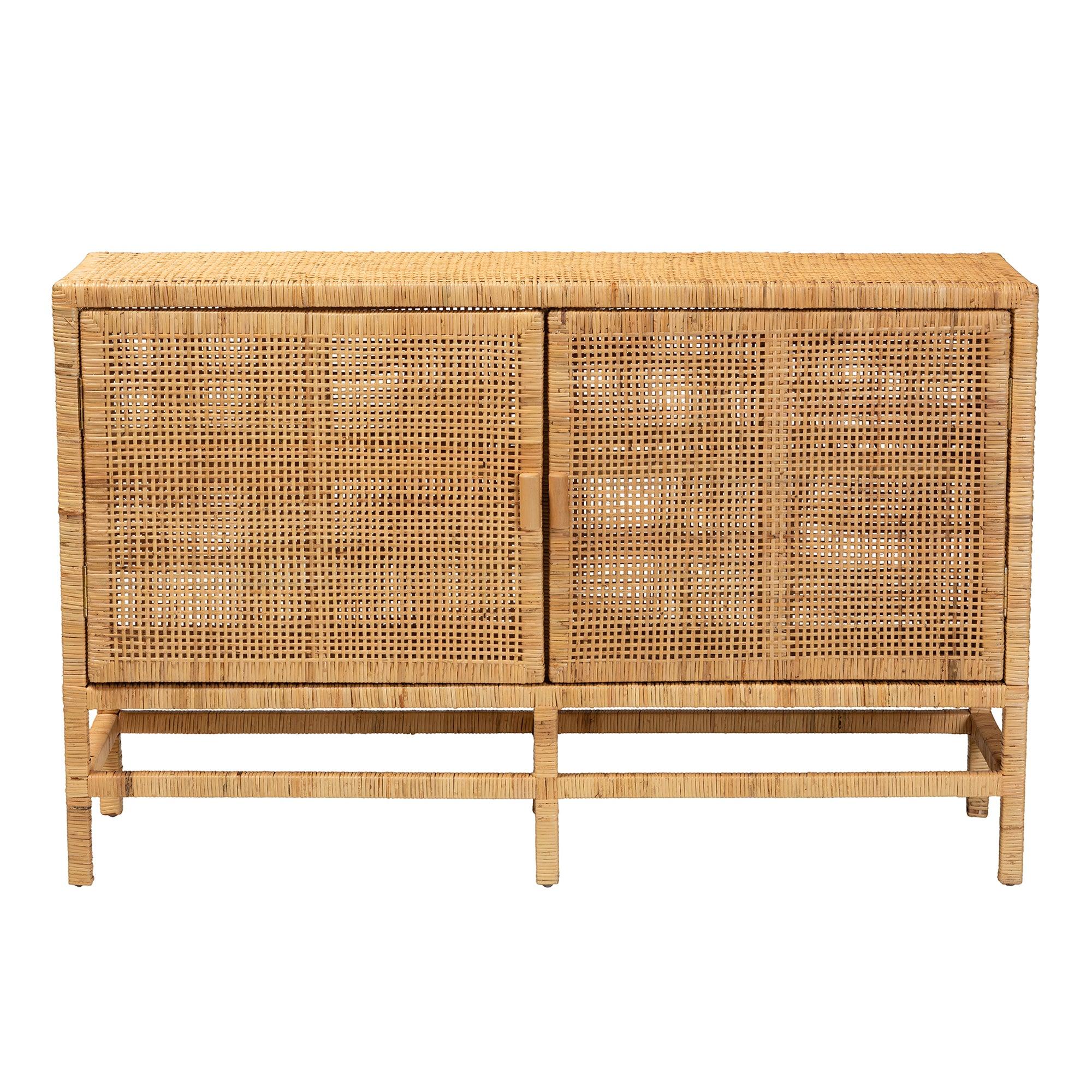 bali & pari Vivan Modern Bohemian Rattan and Mahogany Wood Storage Cabinet