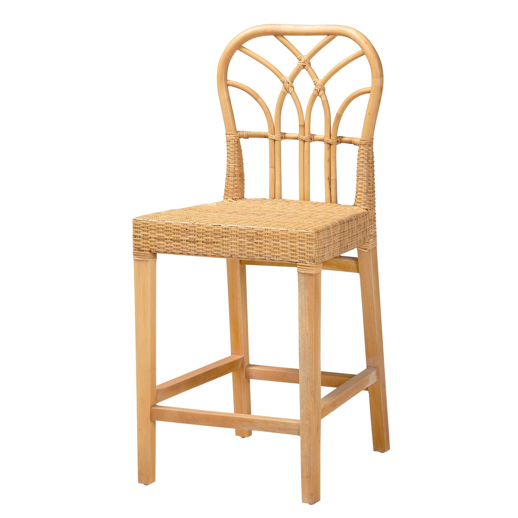 bali & pari Monaco Modern Bohemian Rattan and Mahogany Wood Counter Stool